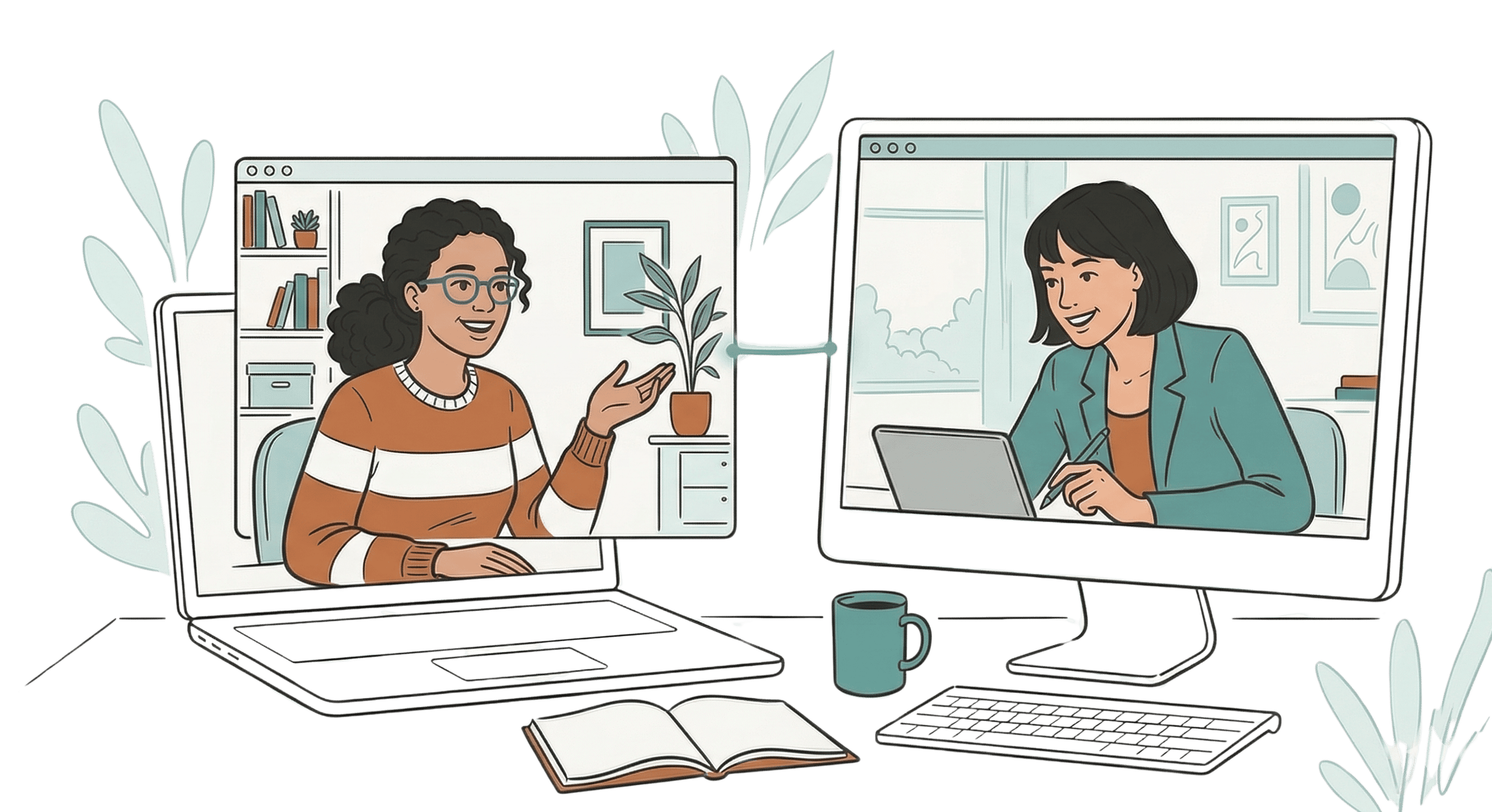 Two women having a video call on their computers, surrounded by houseplants, book, a coffee mug, a keyboard, and an open notebook.