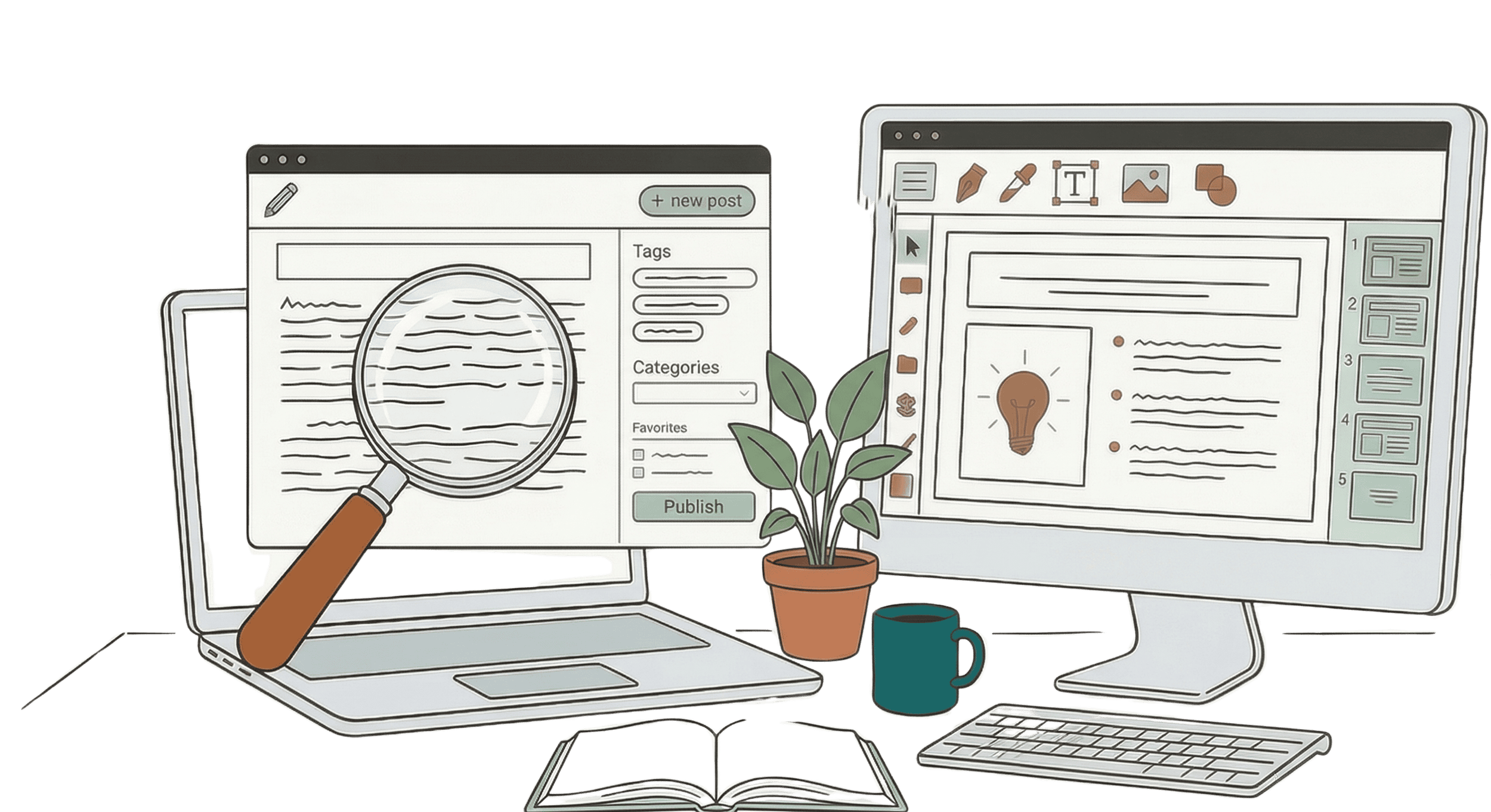 Illustration of two computer monitors, a laptop, an open book, a potted plant, and a coffee mug on a desk, with elements related to content creation and research, such as a magnifying glass, editing tools, and text layouts.