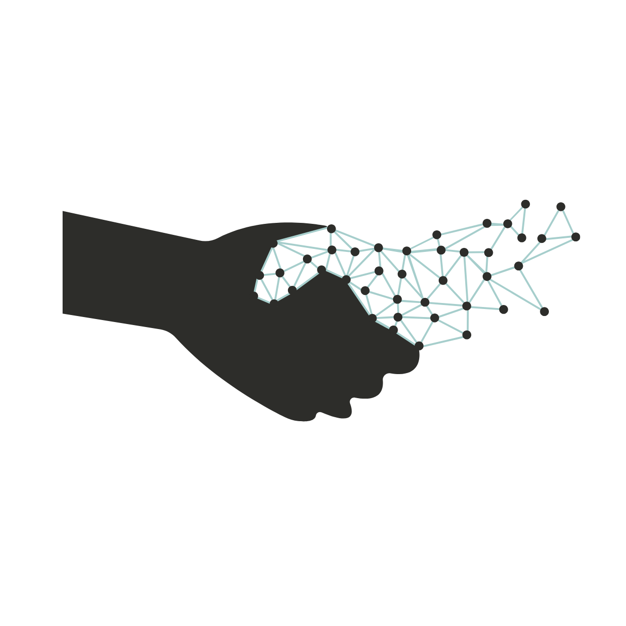 Illustration of a handshake with one hand being human and the other represented by a network of interconnected nodes and lines, symbolizing collaboration between humans and technology.