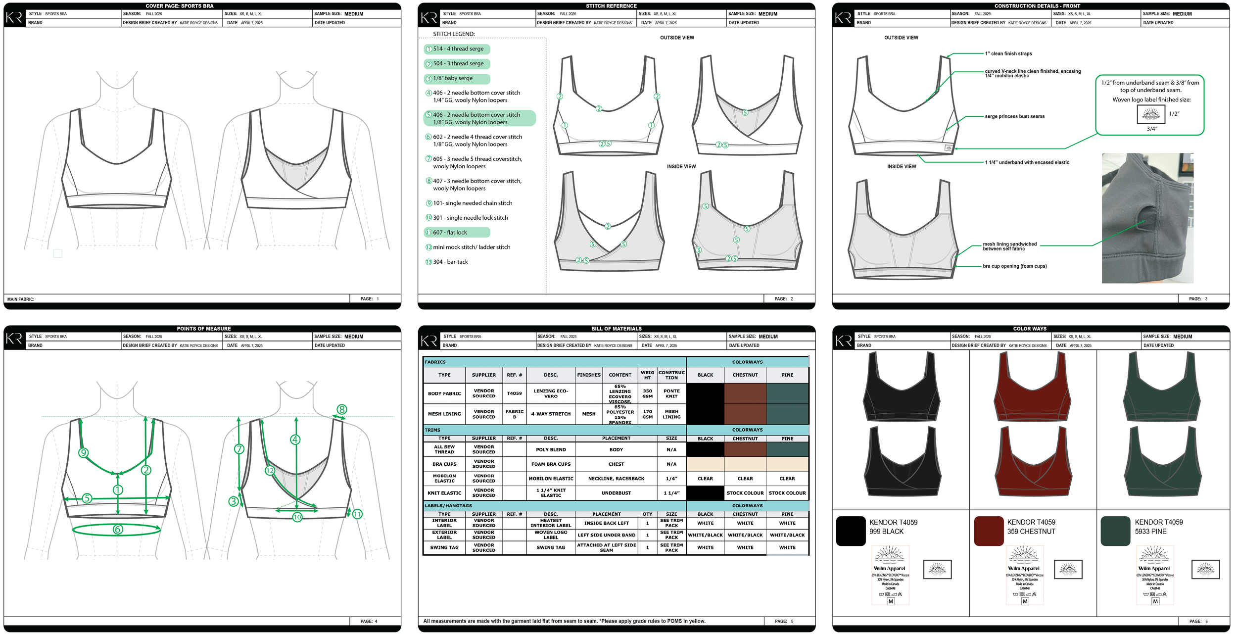 Design brief for a sports bra, showing technical drawings, stitching details, fabric information, and color options. The layout includes front and inside views, point of measure diagrams, a bill of materials, and colorways in black, chestnut, and pine.