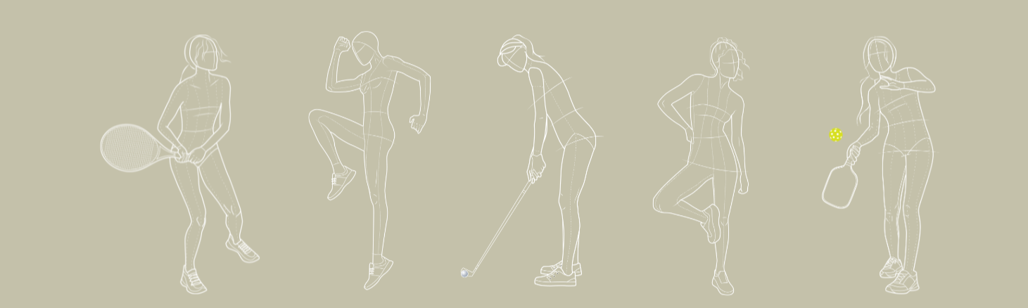 Line drawings of five women engaging in different sports activities, including tennis, running, golf, and pickleball, on a light green background.