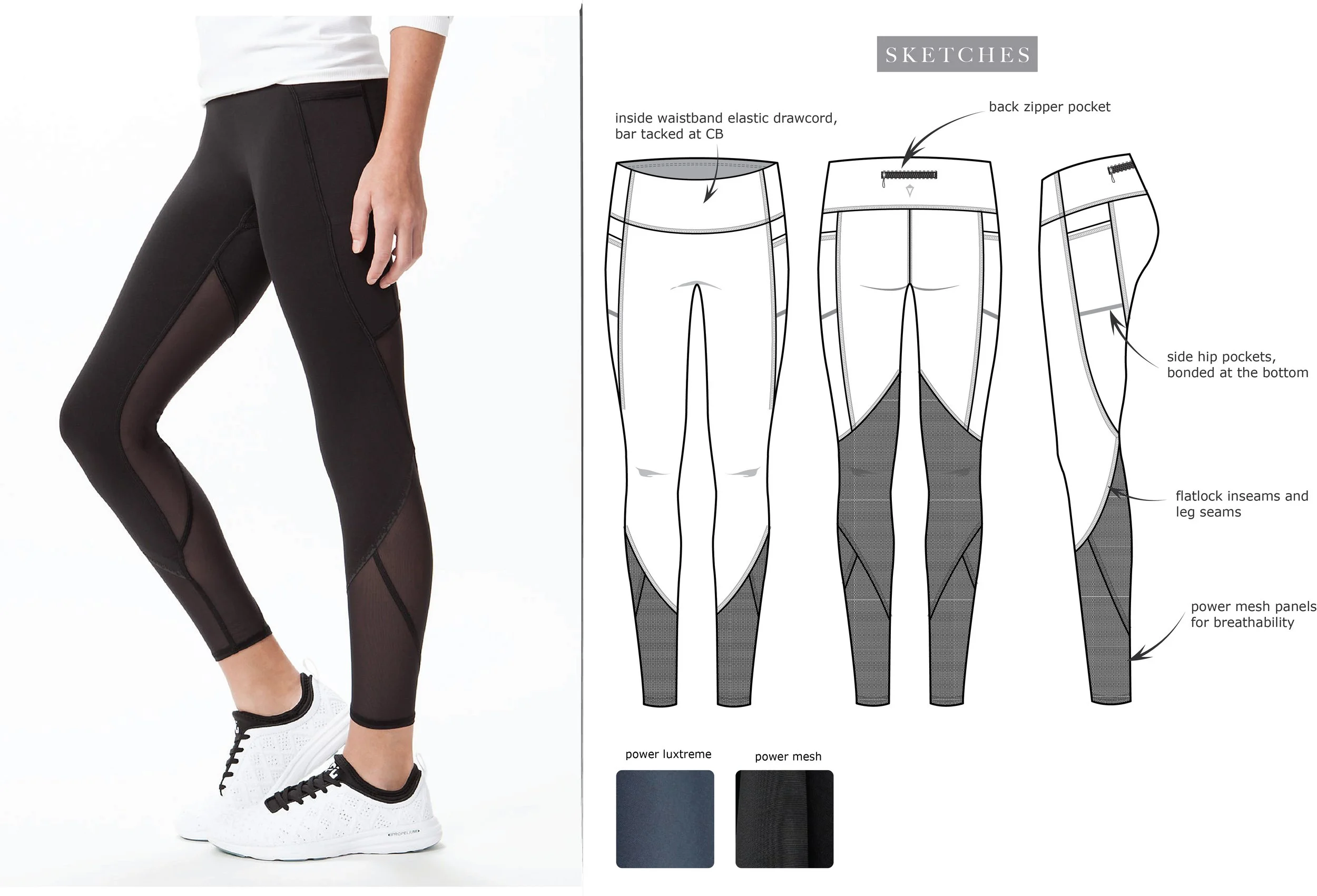Close-up of a woman wearing black athletic tights with mesh panels on the sides, paired with white sneakers and a white top. Next to her, a technical drawing of the same tights highlights features such as a waistband with elastic drawcord, back zippe