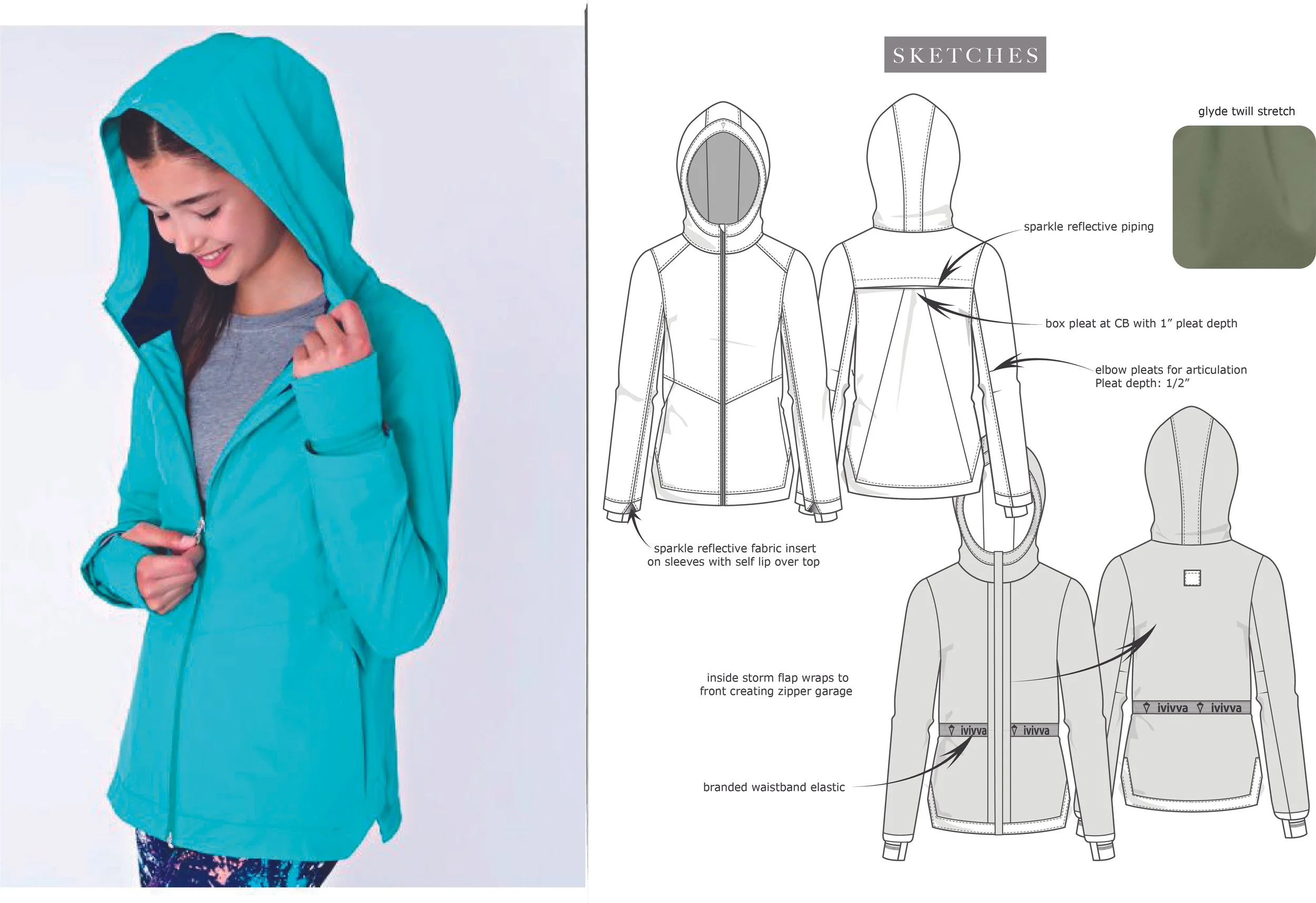 A woman wearing a bright turquoise waterproof jacket with a hood, smiling and looking down while holding the zipper. The jacket features reflective fabric inserts on the sleeves and sparkly reflective piping. The right side of the image shows technic