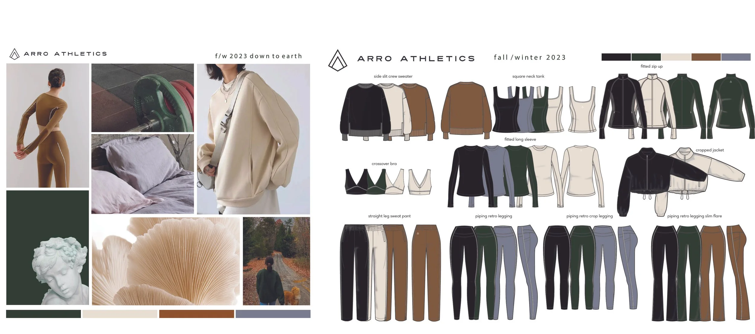 A digital fashion collection board for ARRO ATHLETICS fall/winter 2023 featuring clothing designs, fabric swatches, and lifestyle photos of a model in neutral and earth tones.