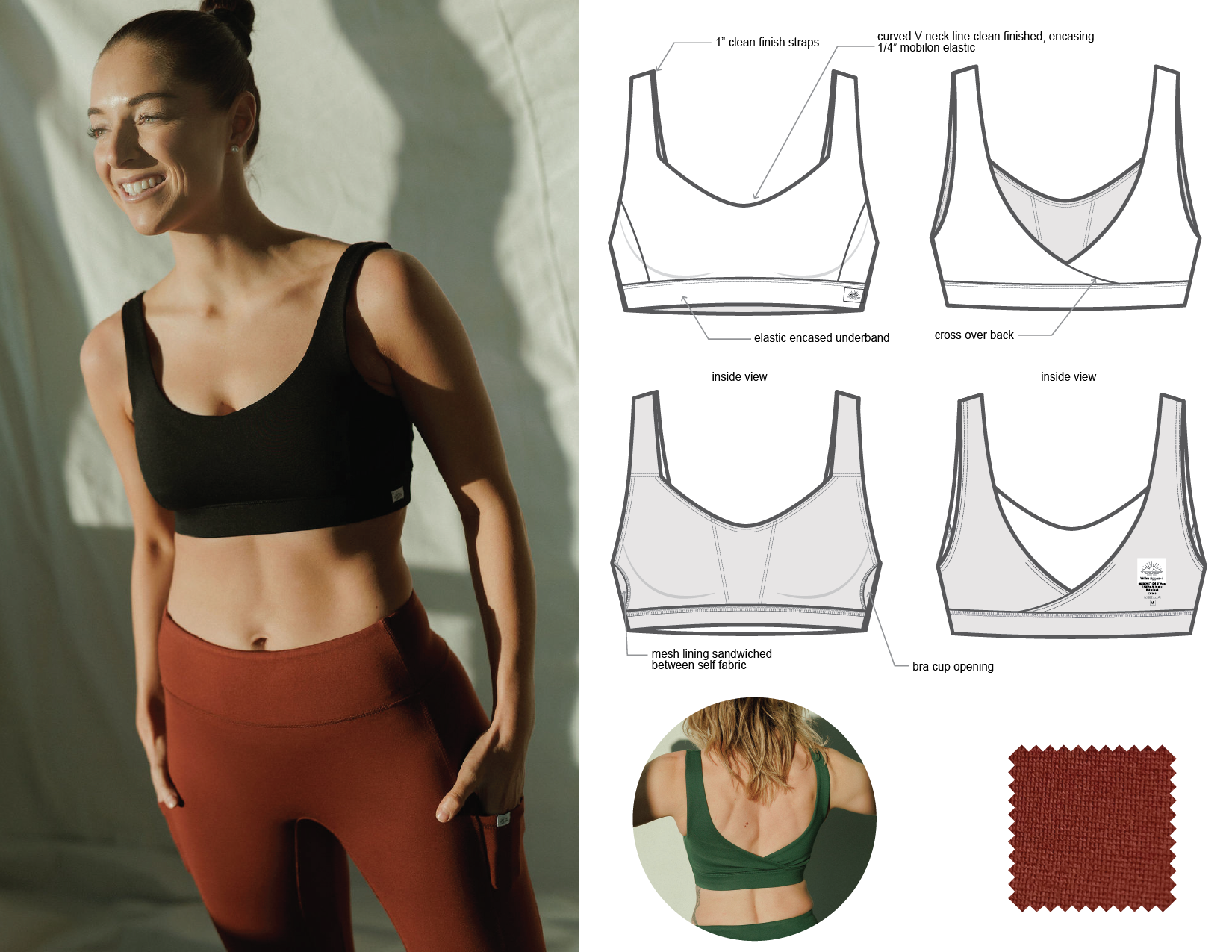 A woman wearing a black sports bra, standing in sunlight with shadow patterns on a textured wall behind her.