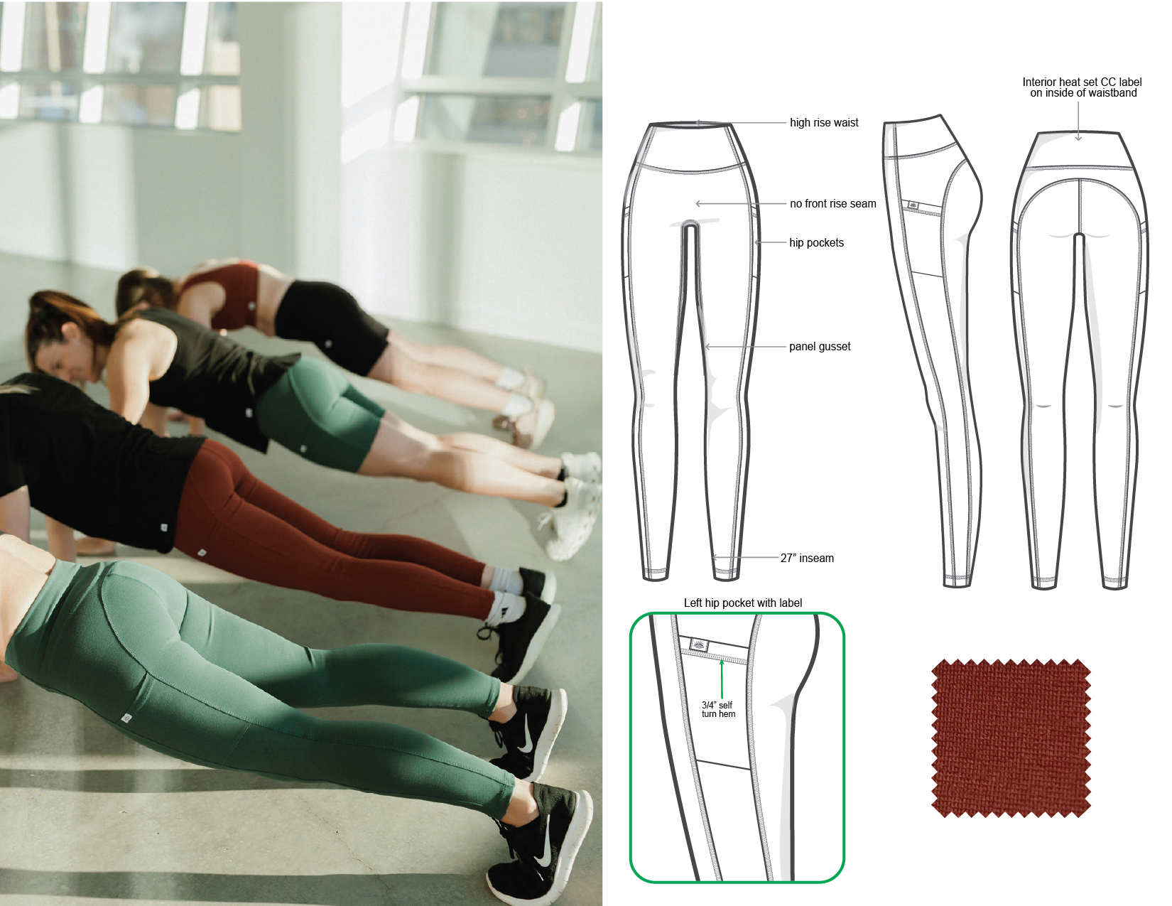 People in workout clothes performing a plank exercise on a light-colored floor in a bright room with large windows. To the right is a schematic of pants with labels indicating features such as high-rise waist, no front rise seam, hip pockets, panel gusset, 27-inch inseam, and a fabric swatch.