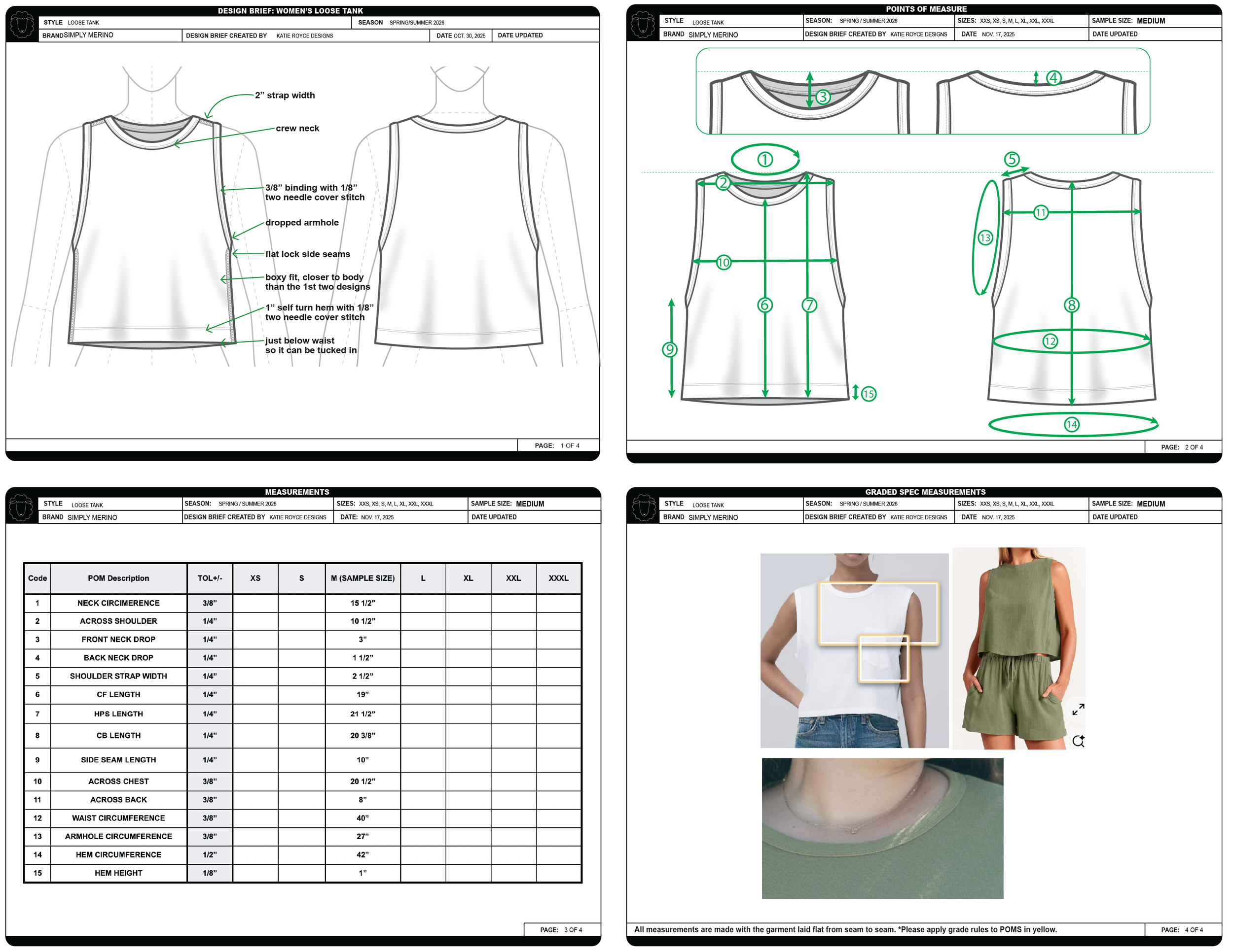 Technical fashion design sketches and measurement details for a women's loose tank top, including front and back views, close-up fit areas, and fashion images of models wearing the tank top.