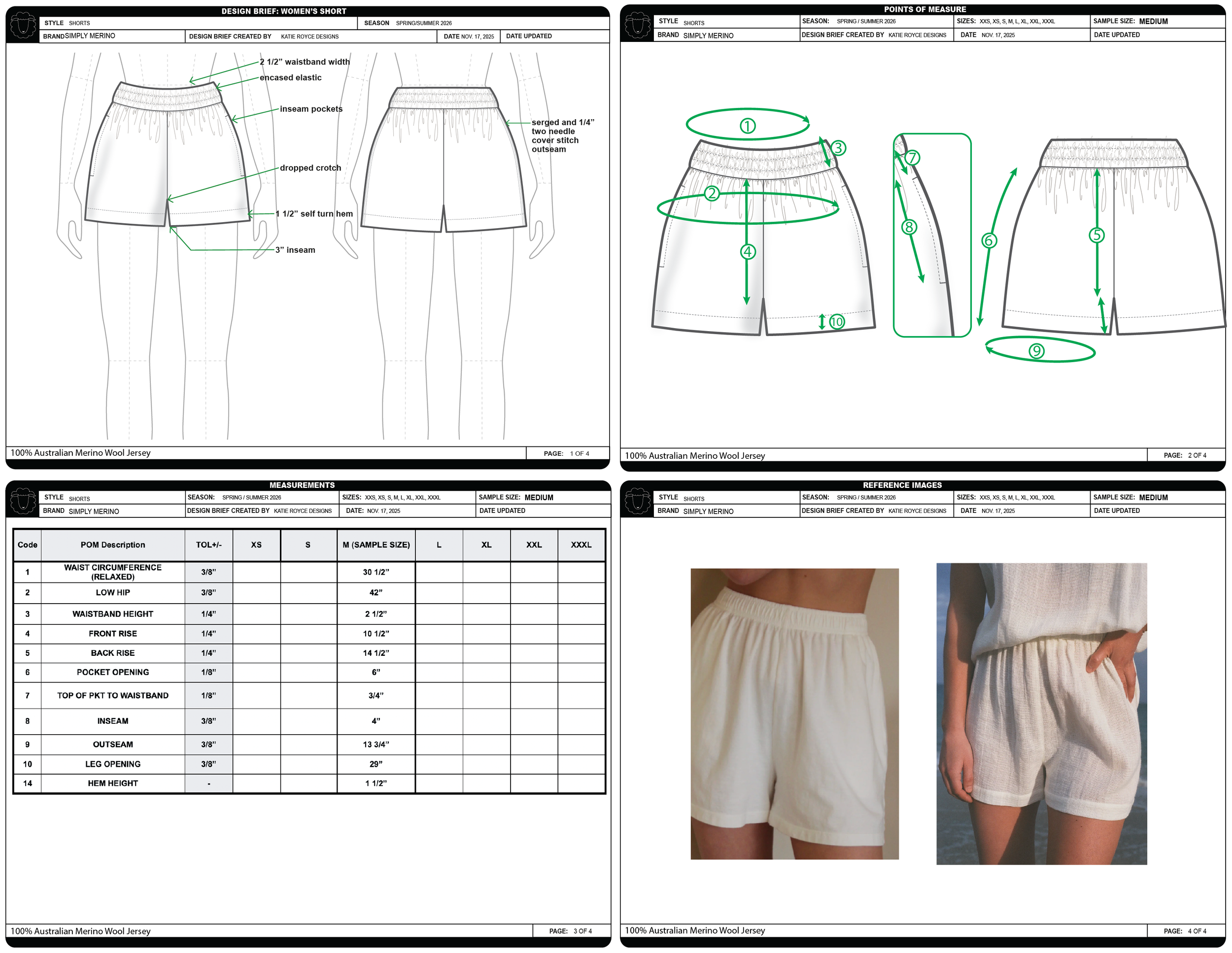 Design brief for women's shorts from Simply Merino, featuring technical drawings and measurements, with photos of beige shorts worn by a model.