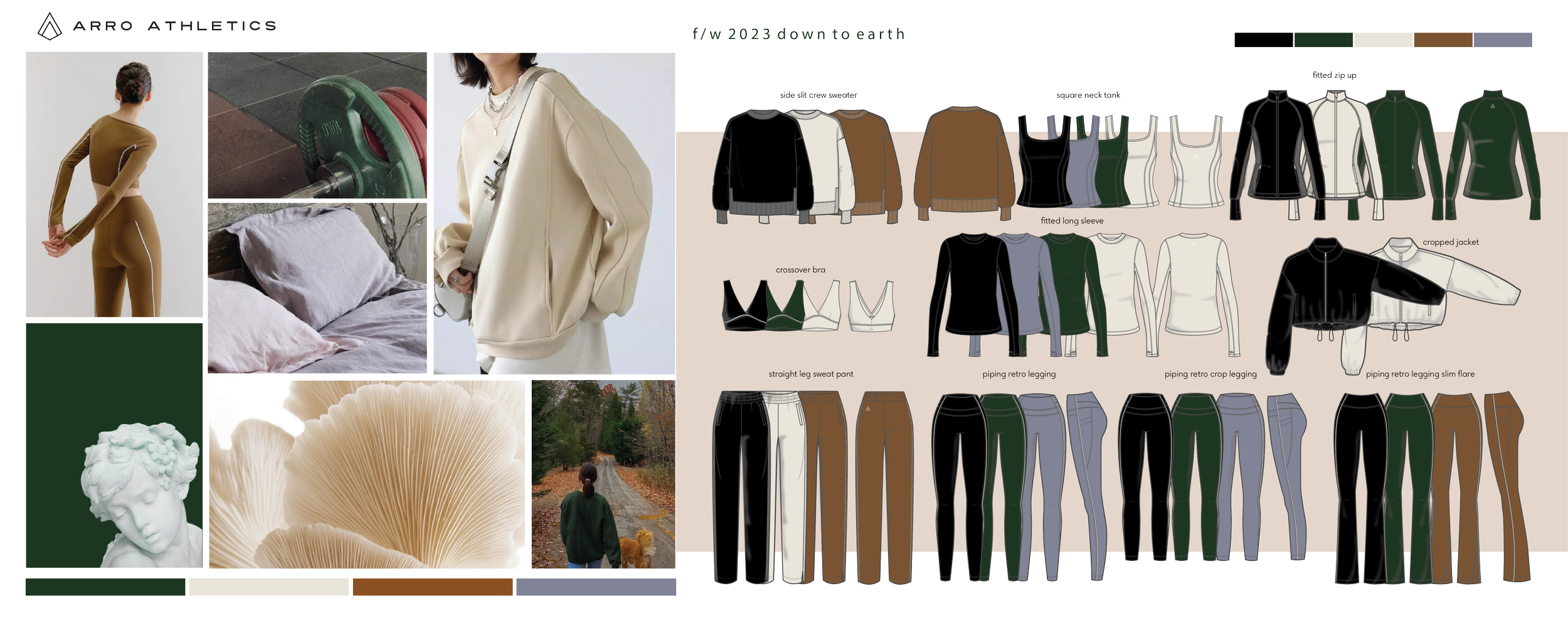 A collage of images featuring athletic wear, accessories, and lifestyle elements with a color palette at the top. Includes a woman in a tan active outfit, weights, pillows, a person outdoors, close-up of mushrooms, and sketches of various athletic clothing pieces like sweaters, tank tops, and leggings.