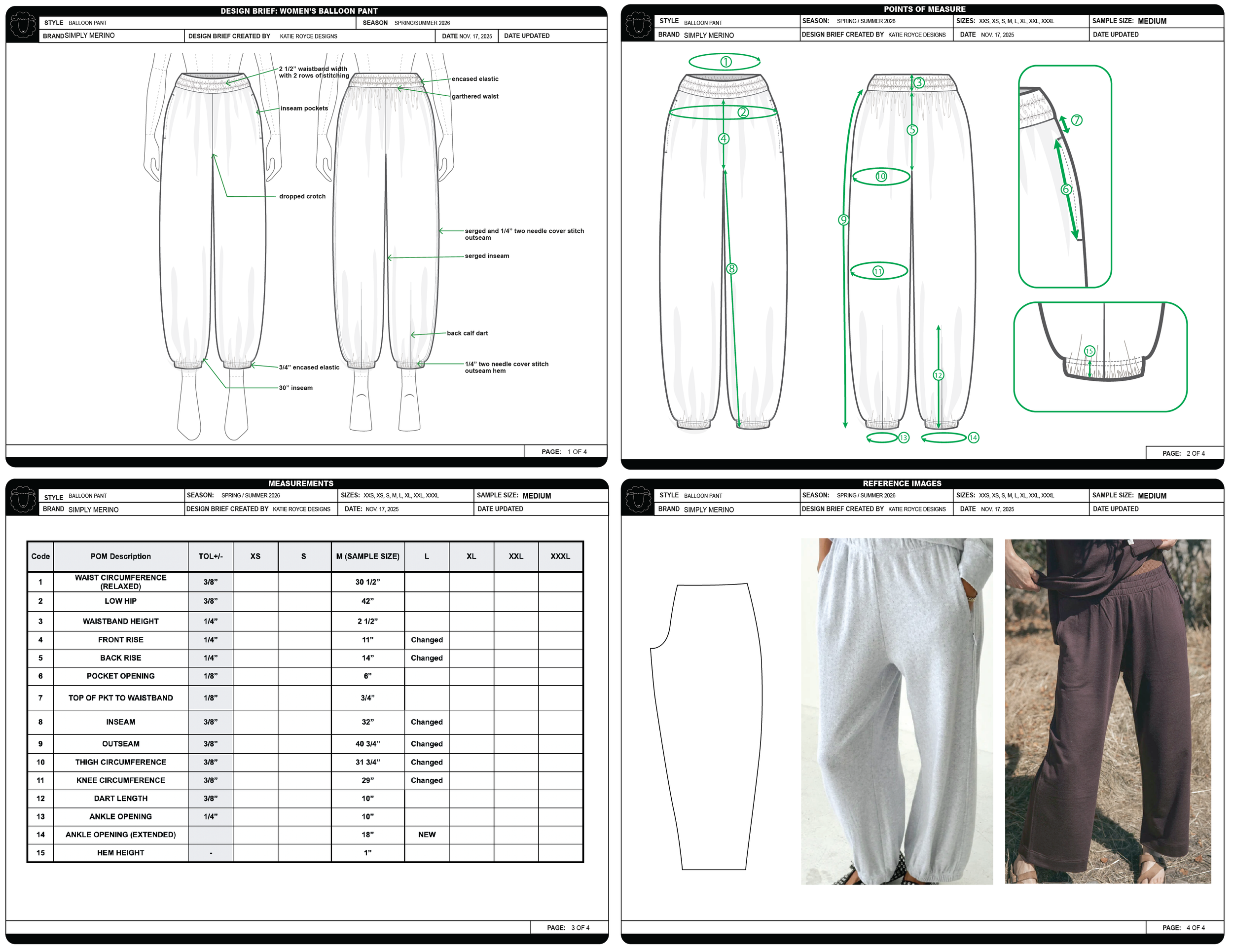 Technical sewing pattern for women's balloon pants, displaying front and back views with measurements and construction details, including elastic waistbands, pockets, and ankle openings, with annotated stitching and seam specifications.