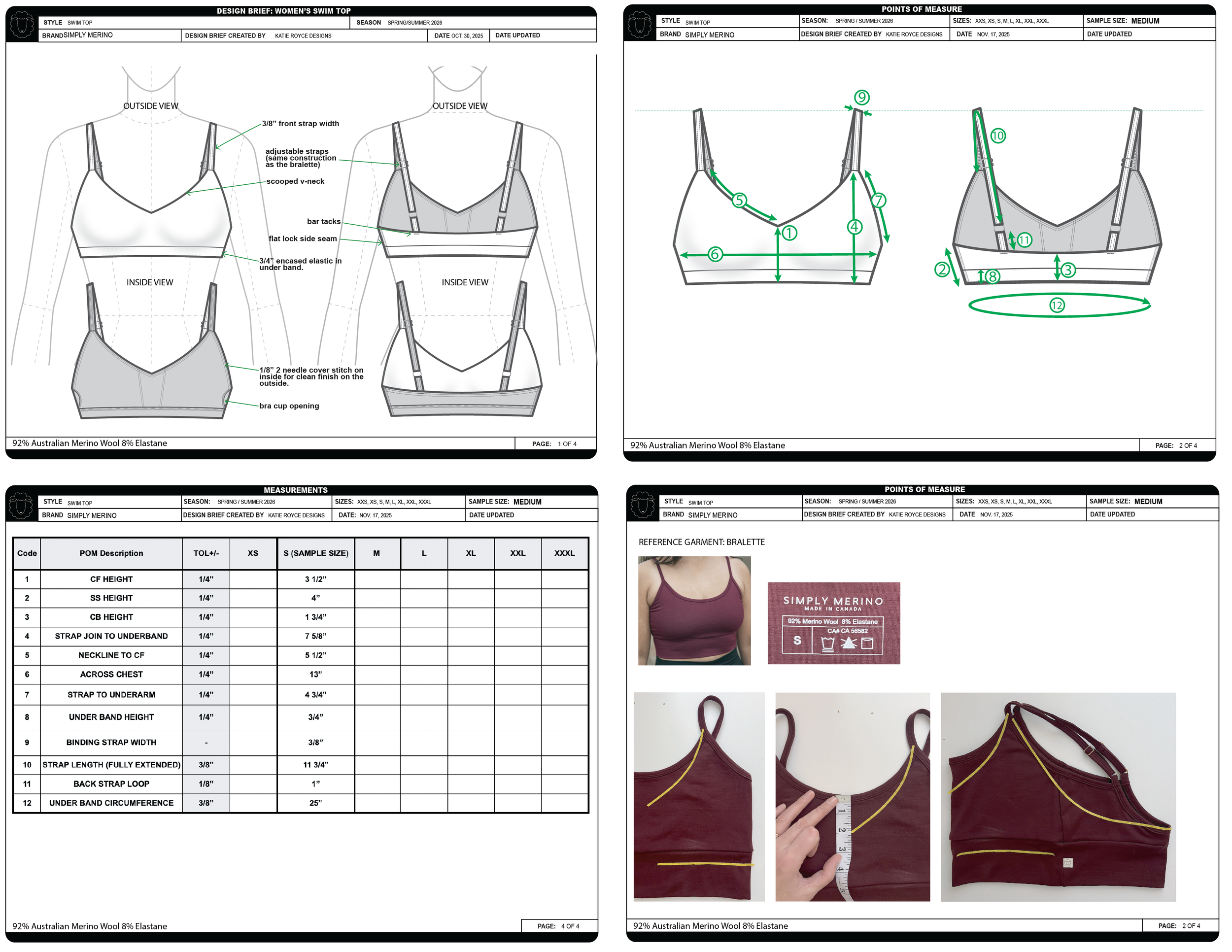 Technical drawing of a women's swim top in front, inside, and outside views with detailed measurements and construction annotations. The design includes adjustable straps, a scooped v-neck, bar-tacks, and elastic in the under band, with fabric composition noted as 92% Australian Merino wool and 8% elastane. The drawing specifies various construction and measurement details for sizing and construction.