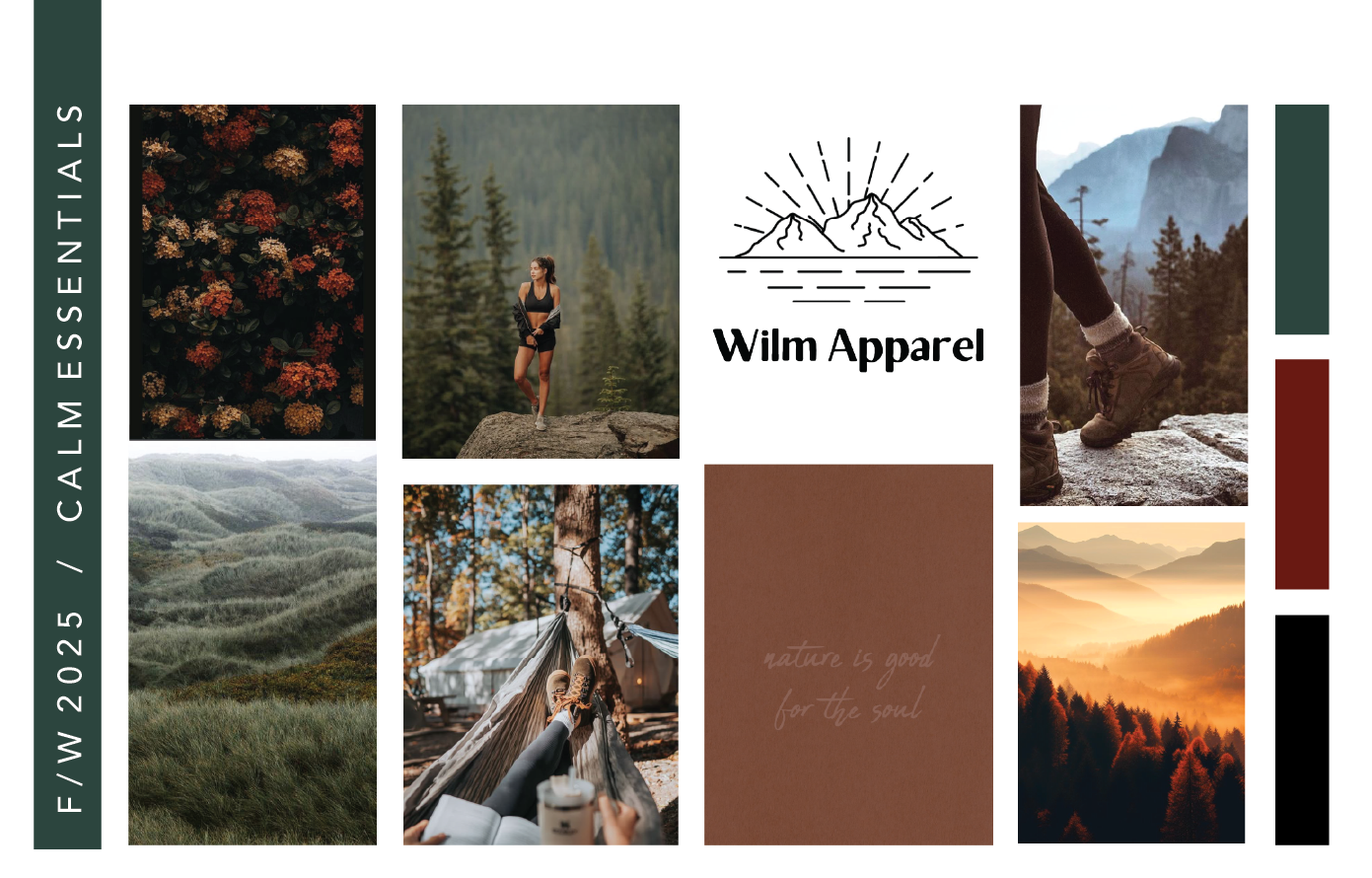 Collage of outdoor nature and adventure scenes, including flowers, a woman hiking, a hammock in the woods, a mountain landscape, and a sunset over a forest, with a logo for Wilm Apparel and the words "nature is good for the soul."