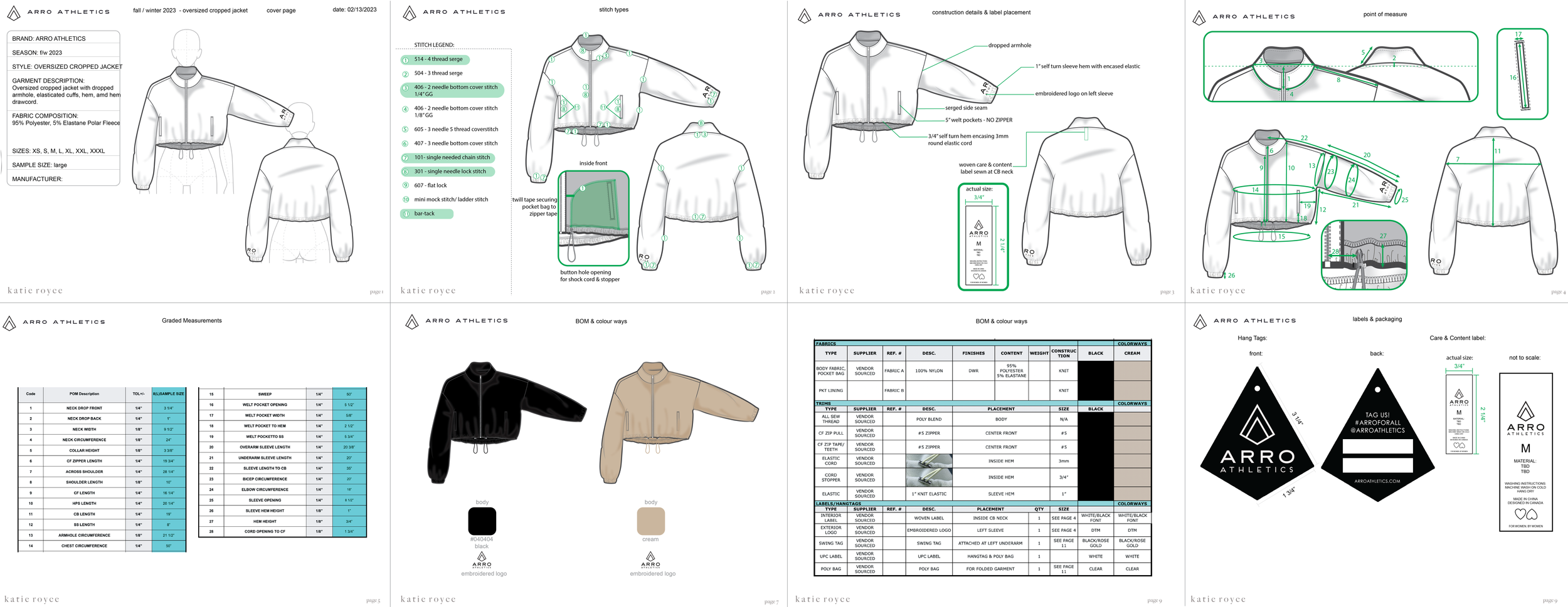 Technical specifications and design details for ARRO ATHLETICS oversized cropped jacket, including construction, measurements, fabric, colors, and packaging.