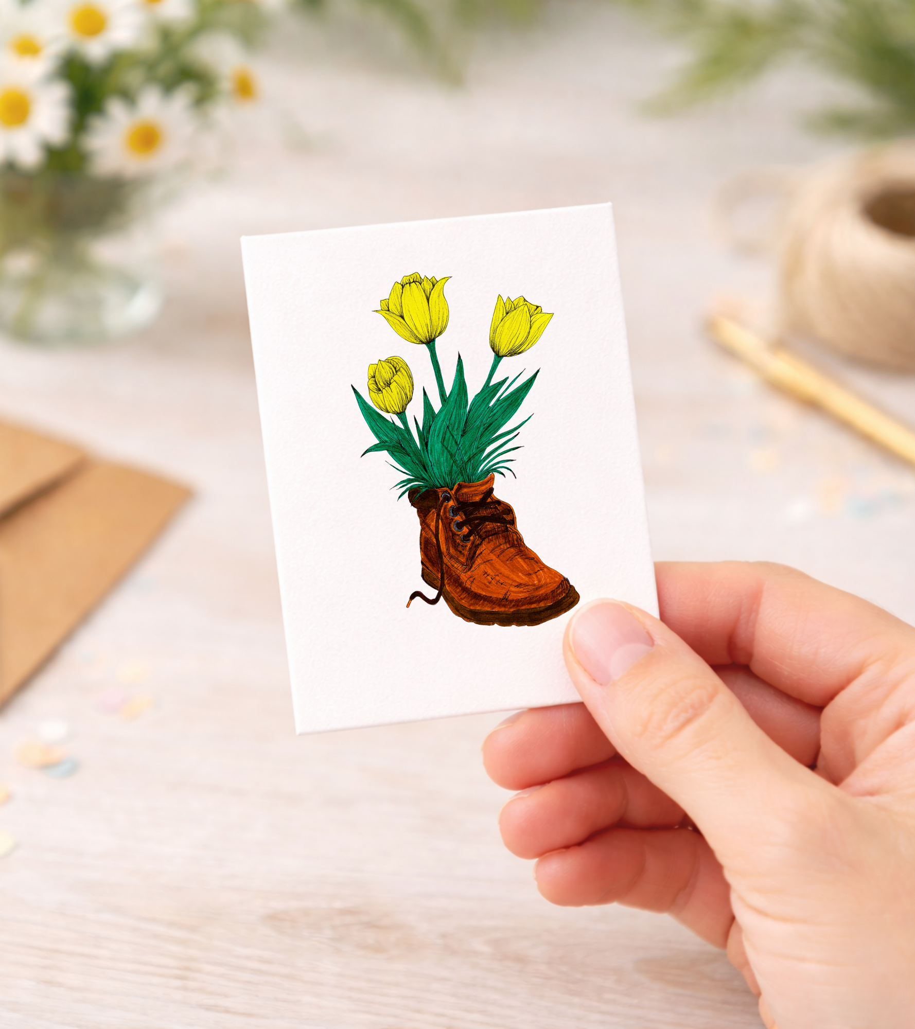 Mini Greeting Card - Boot and Tulips
