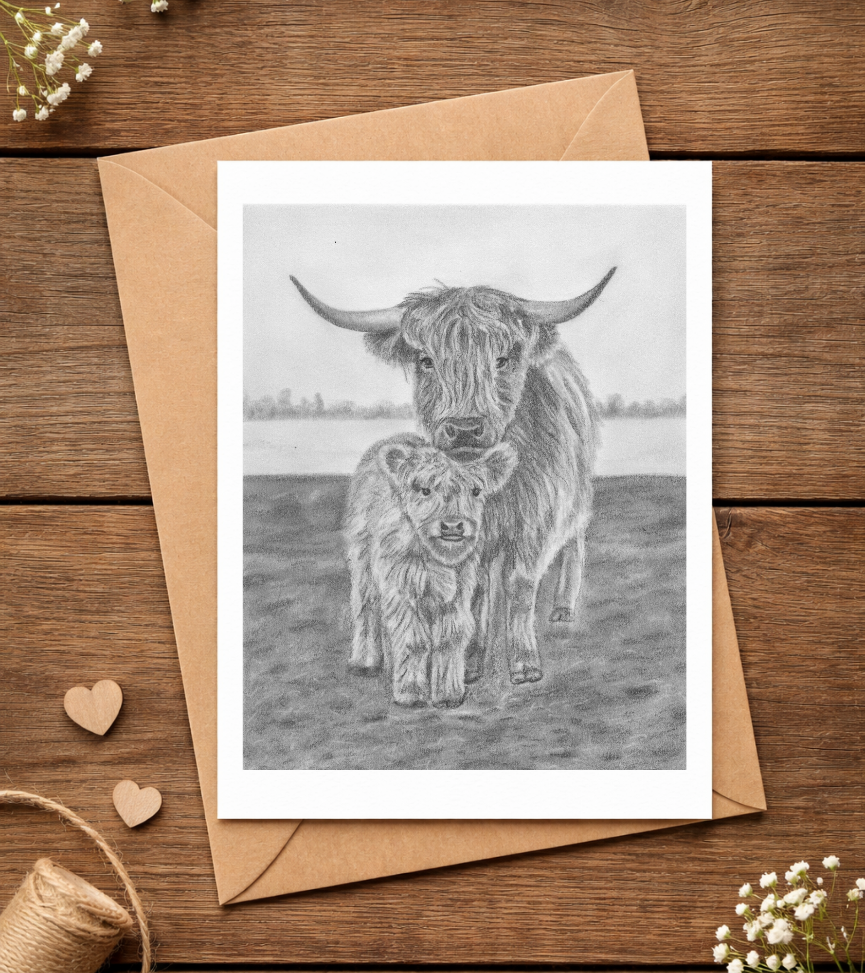 Graphite Pencil Greeting Card - Highland Cows
