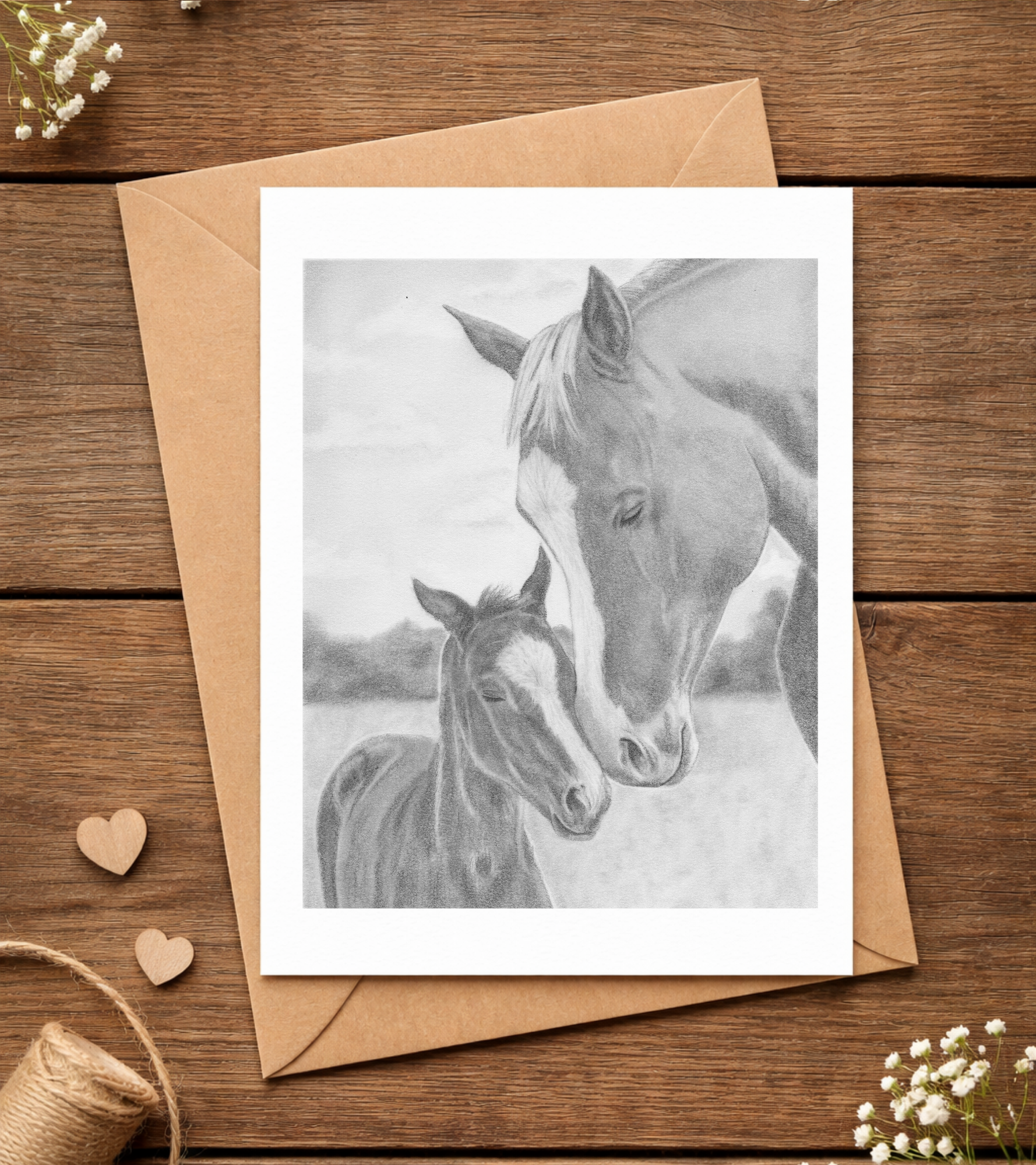 Graphite Pencil Greeting Card - Horses