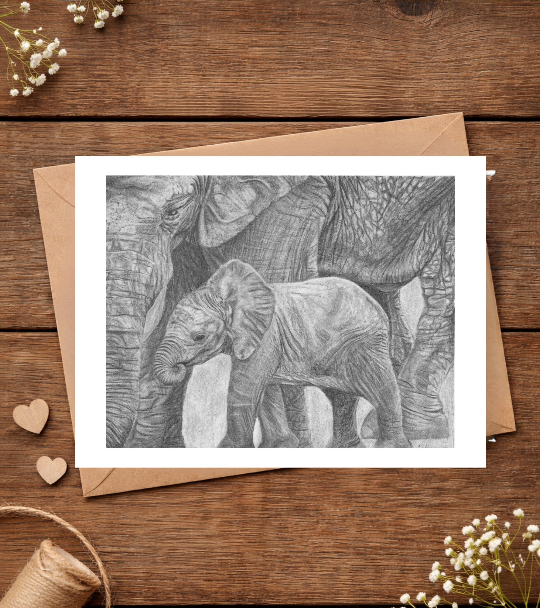 Graphite Pencil Greeting Card - Elephants