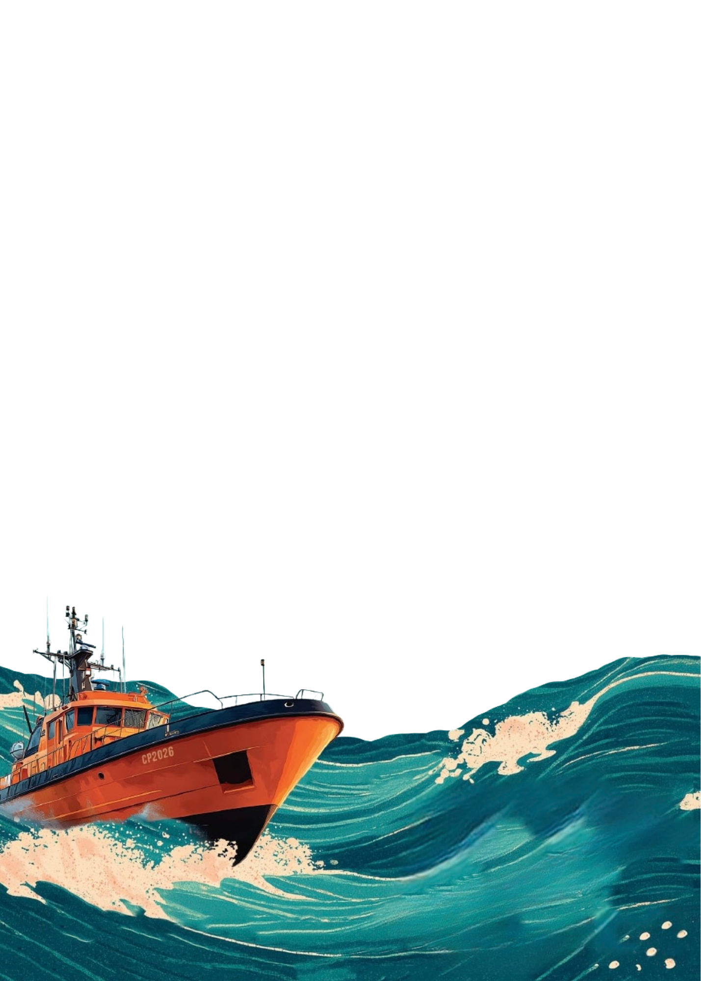 Illustration of a bright orange boat cutting through large ocean waves.