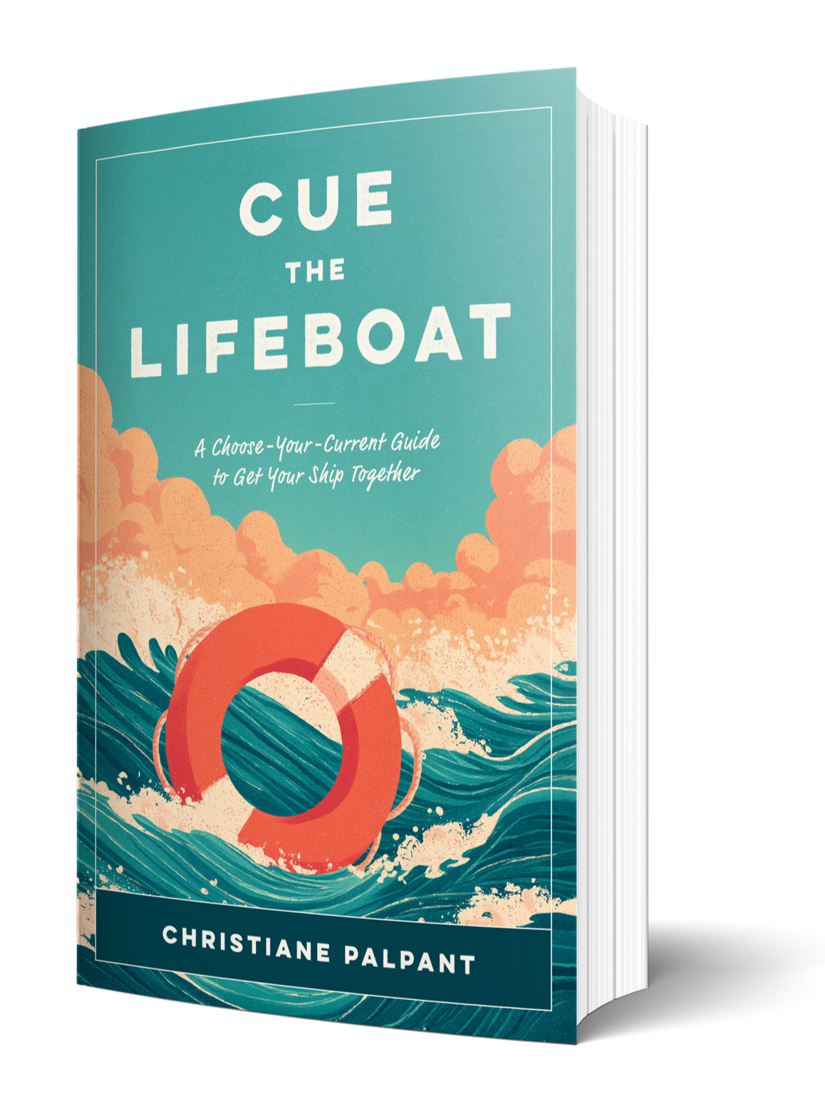 Book titled "Cue the Lifeboat" by Christiane Palpant, featuring an illustration of a lifeboat on stormy seas with waves and clouds.