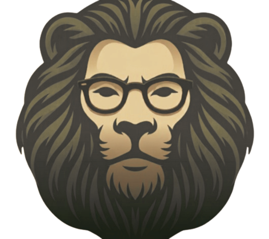 Stylized lion's face with glasses and a beard.