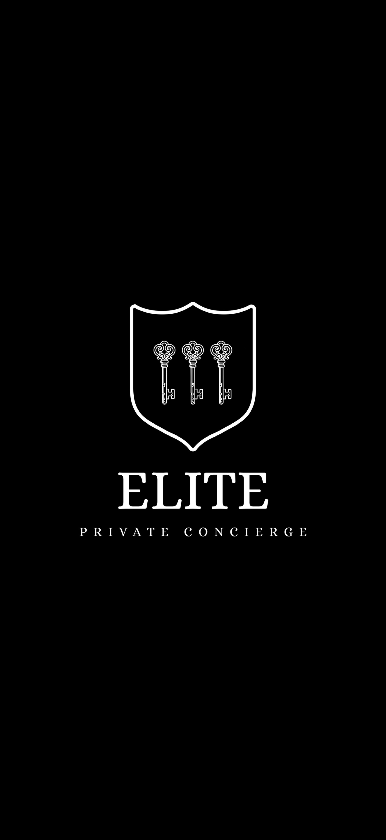 Black background with a white shield containing three ornate keys. Below the shield, the word 'ELITE' is written in large white letters, and under that, 'Private Concierge' is written in smaller white text.