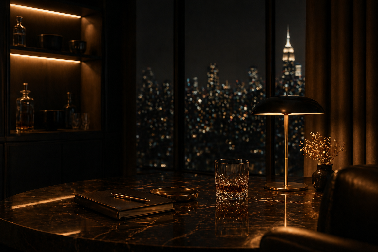 A dimly lit office with a marble table, a glass of whiskey, a closed notebook, a pen, a small metal dish, a black vase with dried flowers, and a brass desk lamp. In the background, a city skyline at night is visible through large windows.