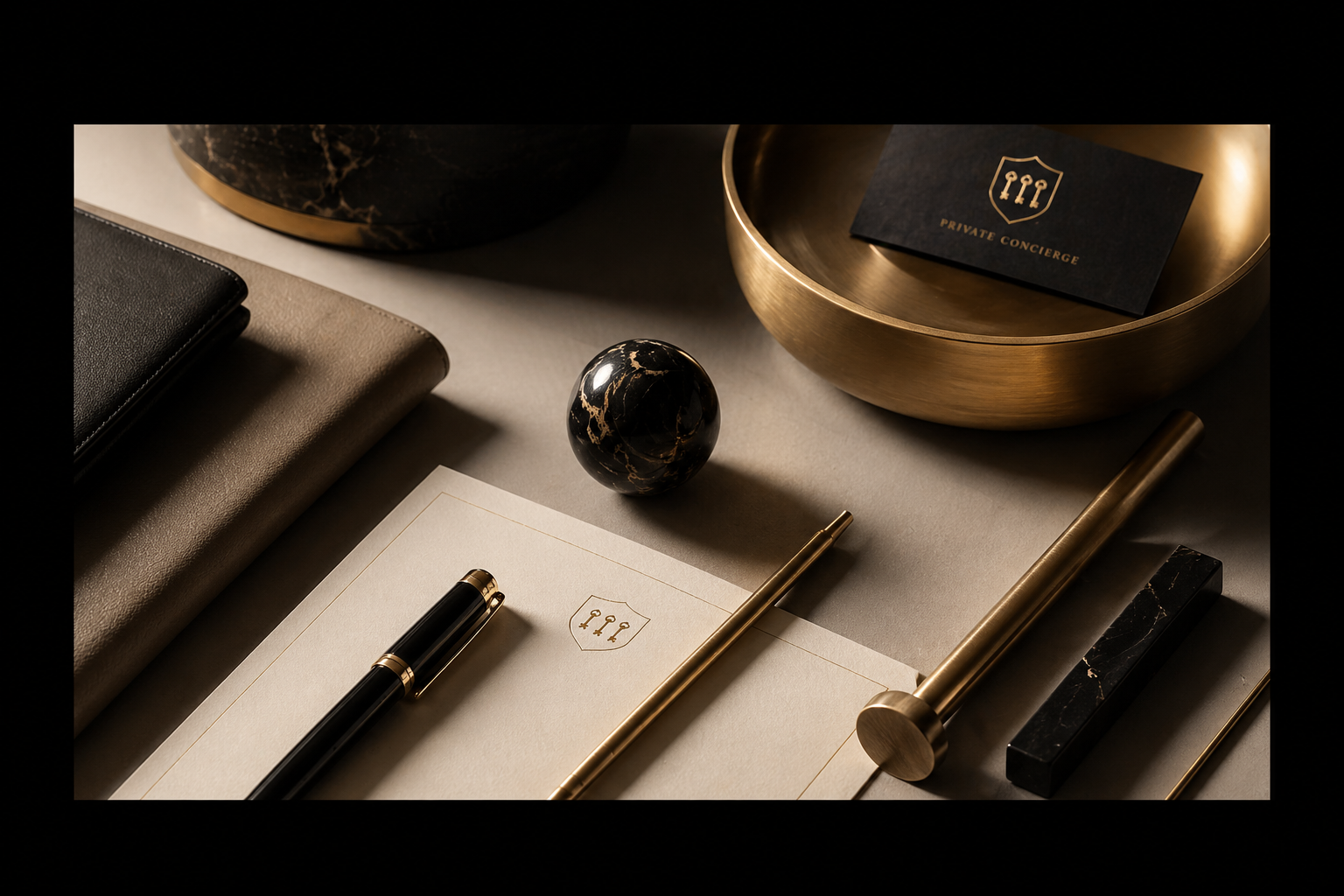 Desk organizer with notebooks, pens, decorative black marble and gold spheres, and a business card in a gold bowl, all on a light surface.