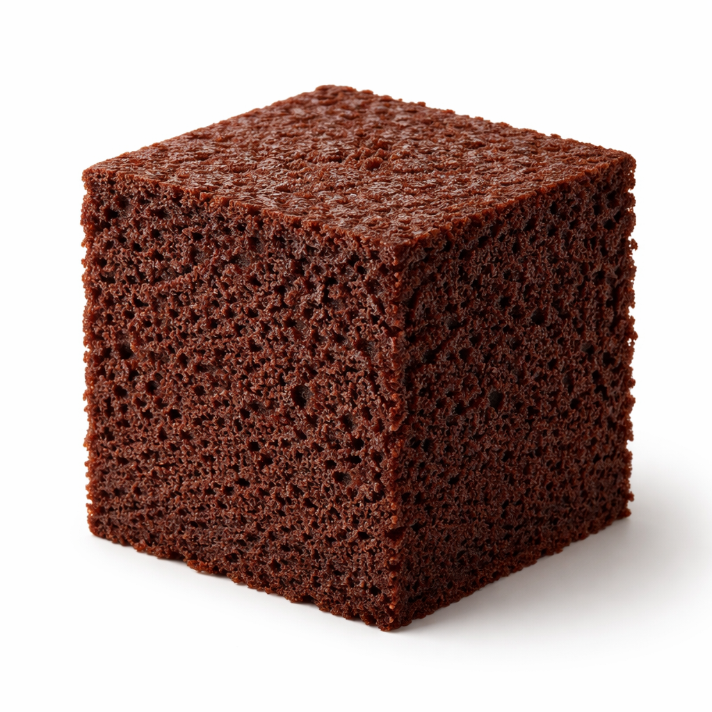 A close-up of a dark chocolate sponge cake cube on a white background.