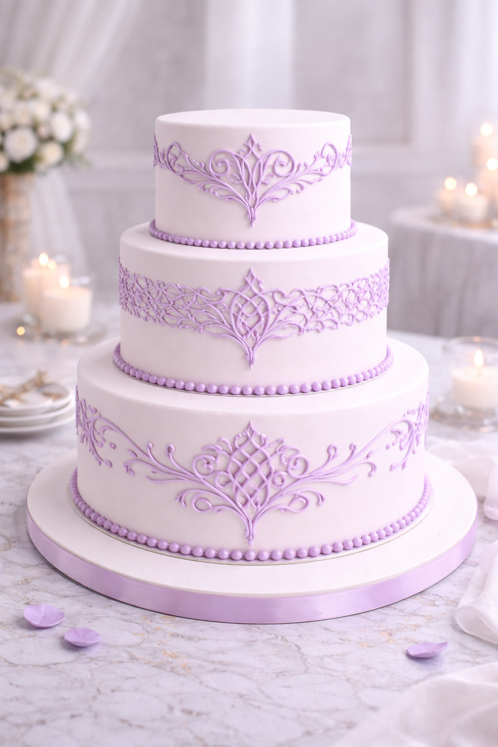 Three-tiered white wedding cake with light purple decorative piping and borders, set on a marble surface with flower petals and candles in the background.