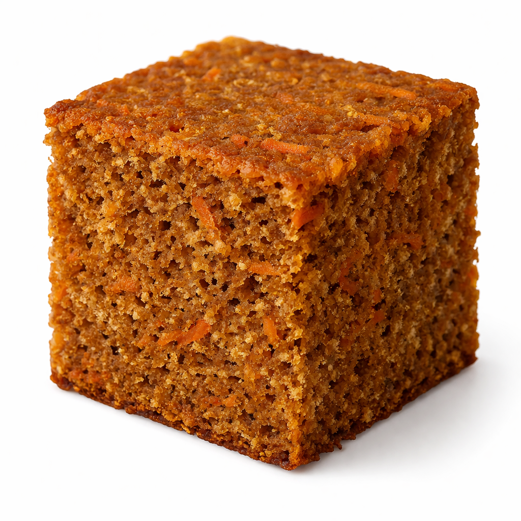Close-up of a square piece of carrot cake with orange-colored shredded carrots visible.