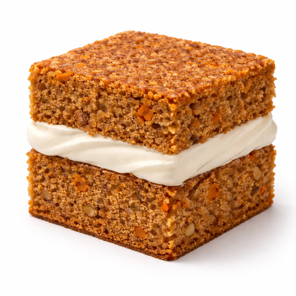 A close-up of two carrot cake squares with cream cheese frosting in between, on a white background.