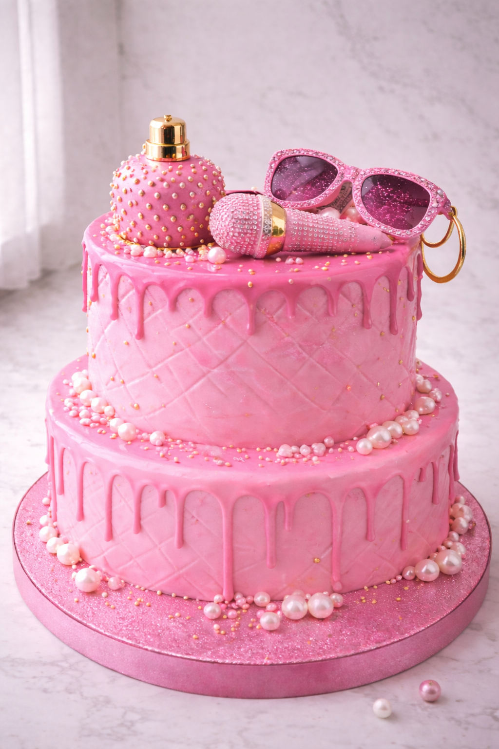 Pink, two-tiered cake decorated with pink drips, pearls, and glitter, topped with pink sunglasses, a pink perfume bottle, and a pink makeup brush.