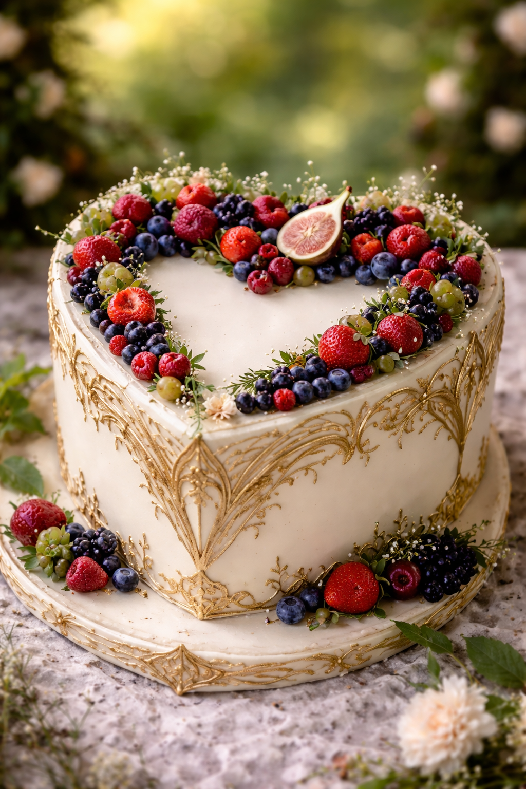 A heart-shaped wedding cake decorated with various fresh berries, including strawberries, blueberries, raspberries, and a halved fig, with gold ornate piping on white icing and greenery, set outdoors.