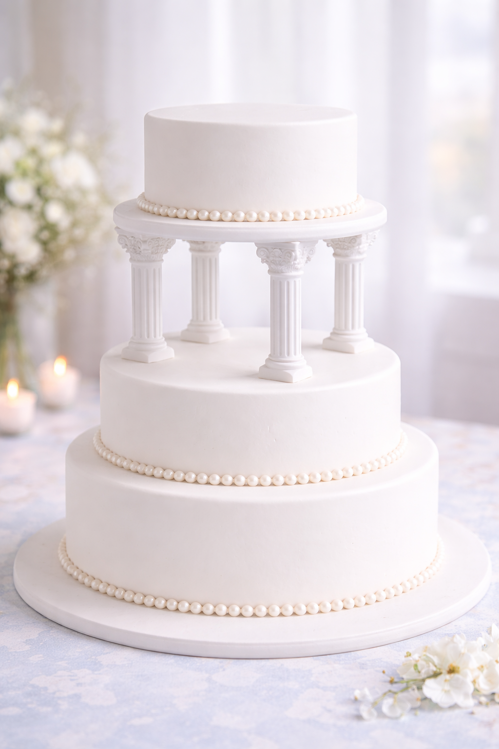 Three-tier white wedding cake with pearl borders, topped with a small round cake on a decorative stand with columns, in a decorated indoor setting.