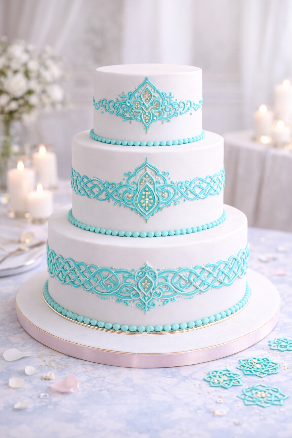 Three-tiered white wedding cake with intricate blue icing patterns and gold accents, decorated with blue icing beads, on a pink cake board with scattered floral and heart-shaped decorations.