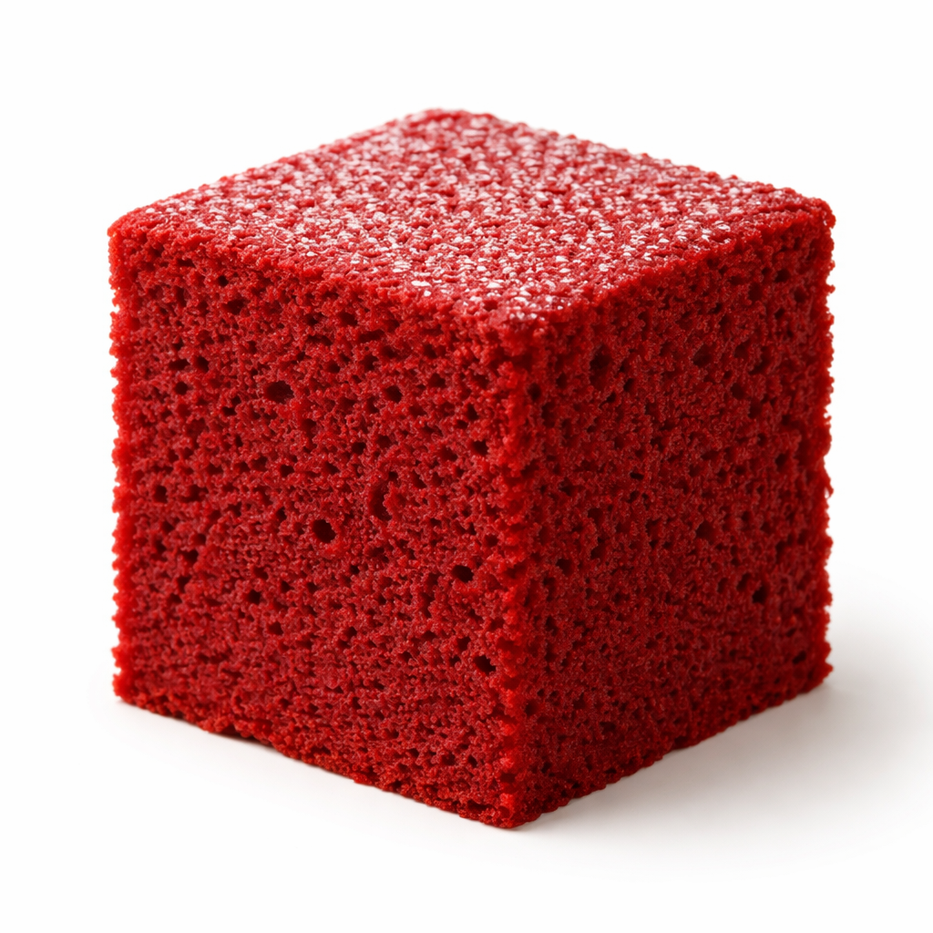 Red kitchen sponge with a porous texture on a white background.