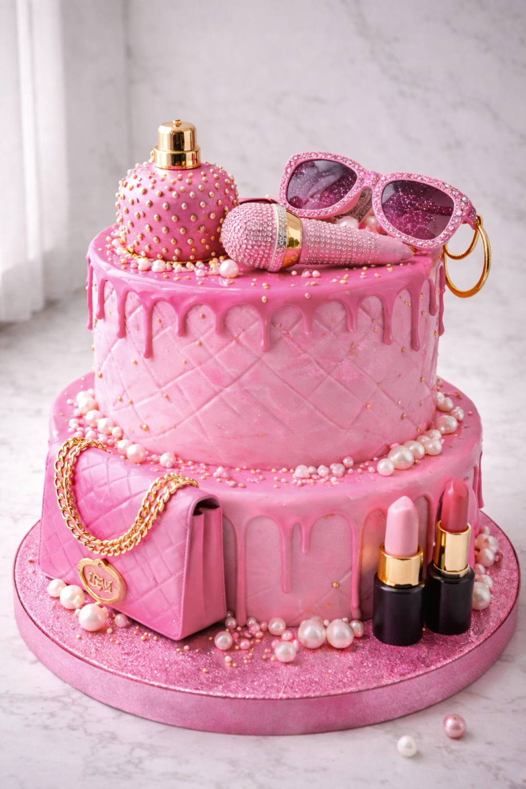 A pink, decorated cake topped with pink sunglasses, a pink perfume bottle, pink lipstick, a pink purse with gold chain, and pink lipsticks, all adorned with pearls and gold accents.
