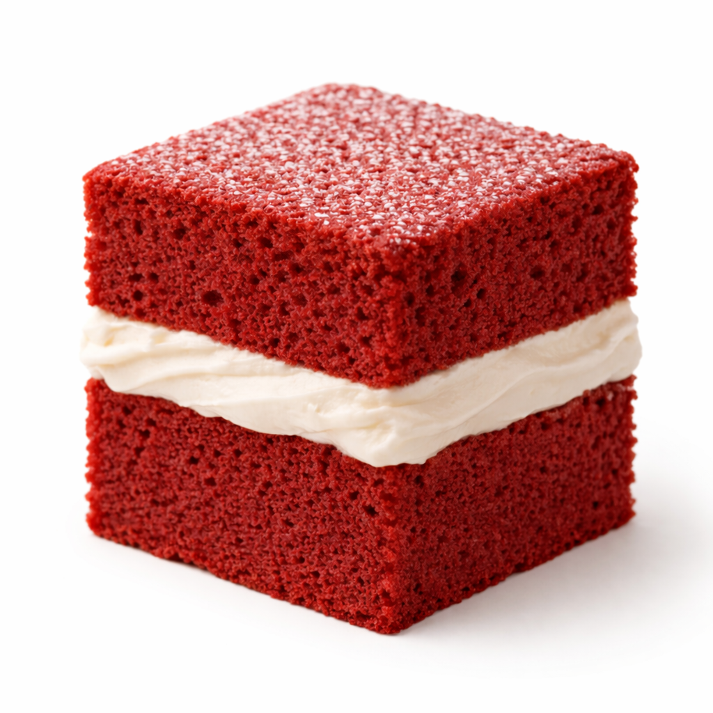Red velvet cake with layers of cream cheese frosting