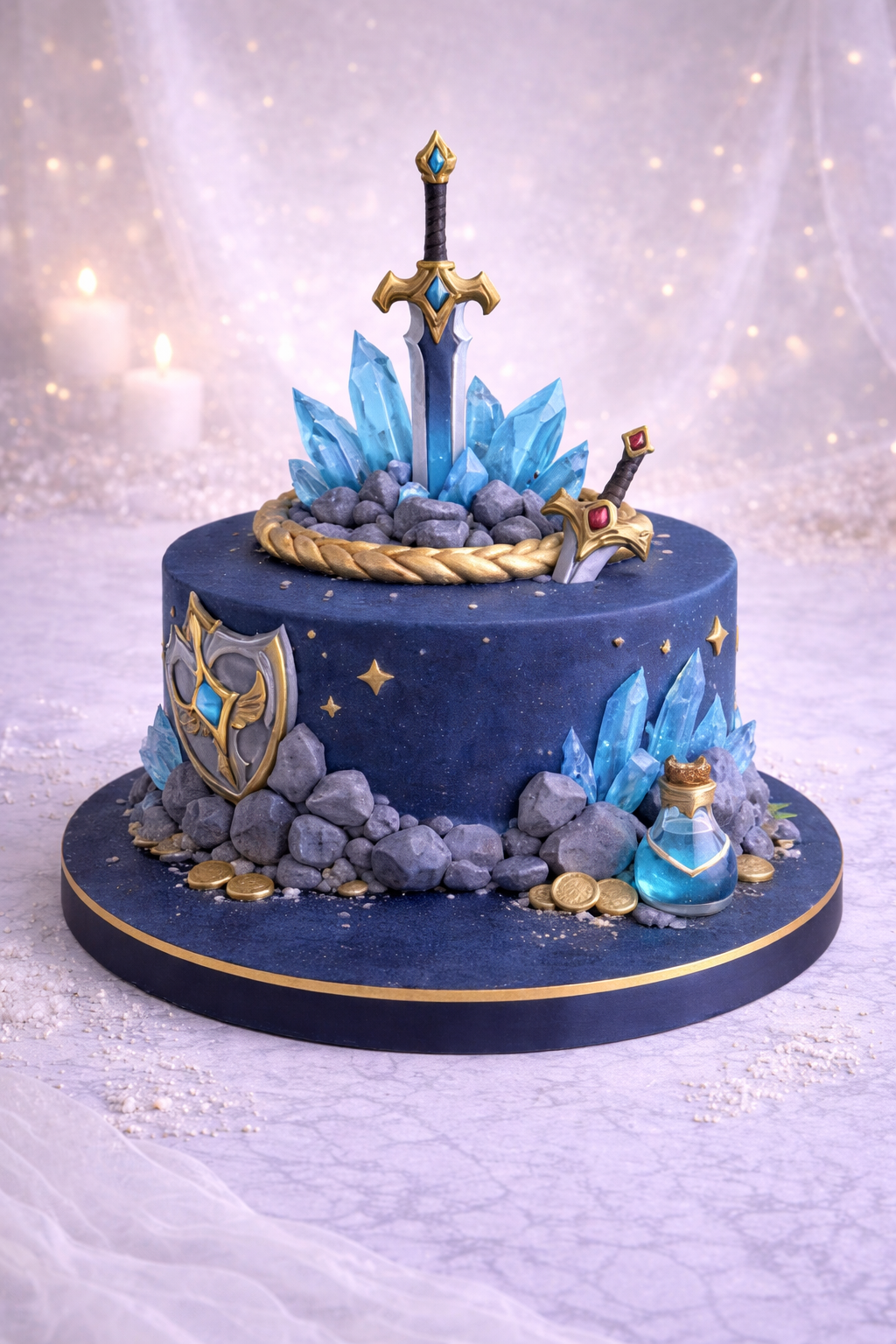 A two-layer cake decorated with a fantasy sword, shield, and magical items, themed around a medieval or fantasy video game setting, featuring blue and gold accents, crystal-like decorations, and fondant rocks.