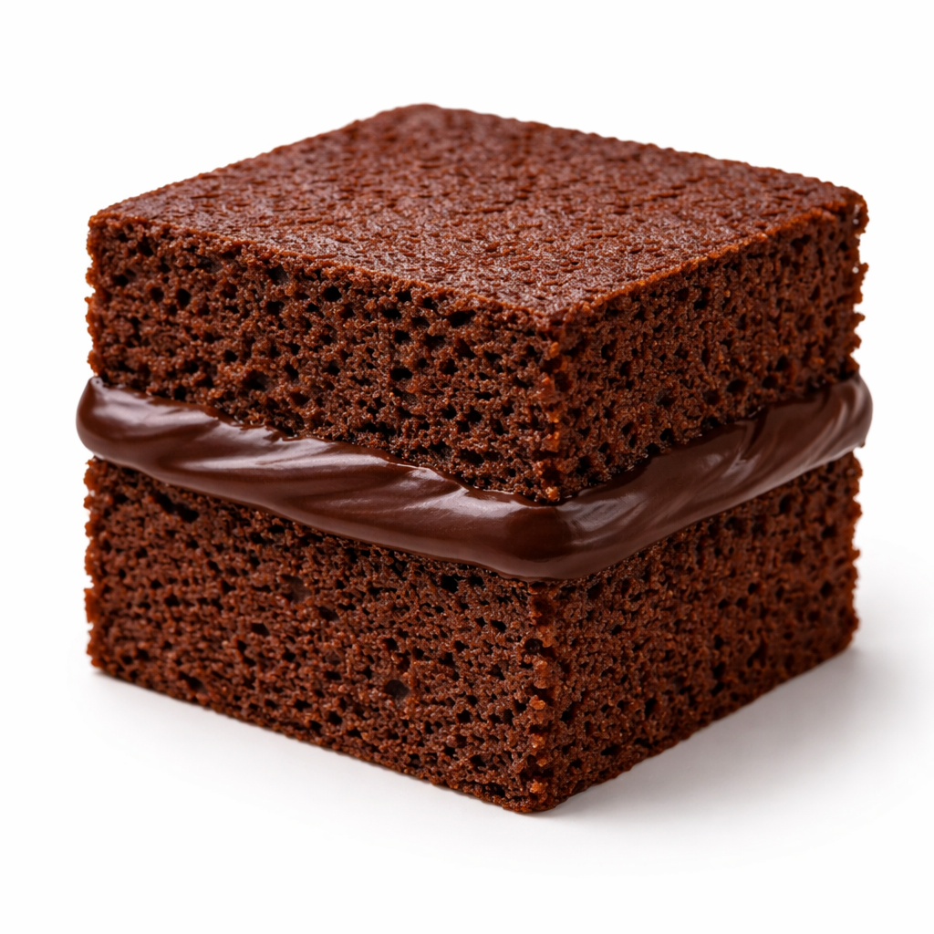 Close-up of a stack of two chocolate brownies with a layer of chocolate filling between them on a white background.