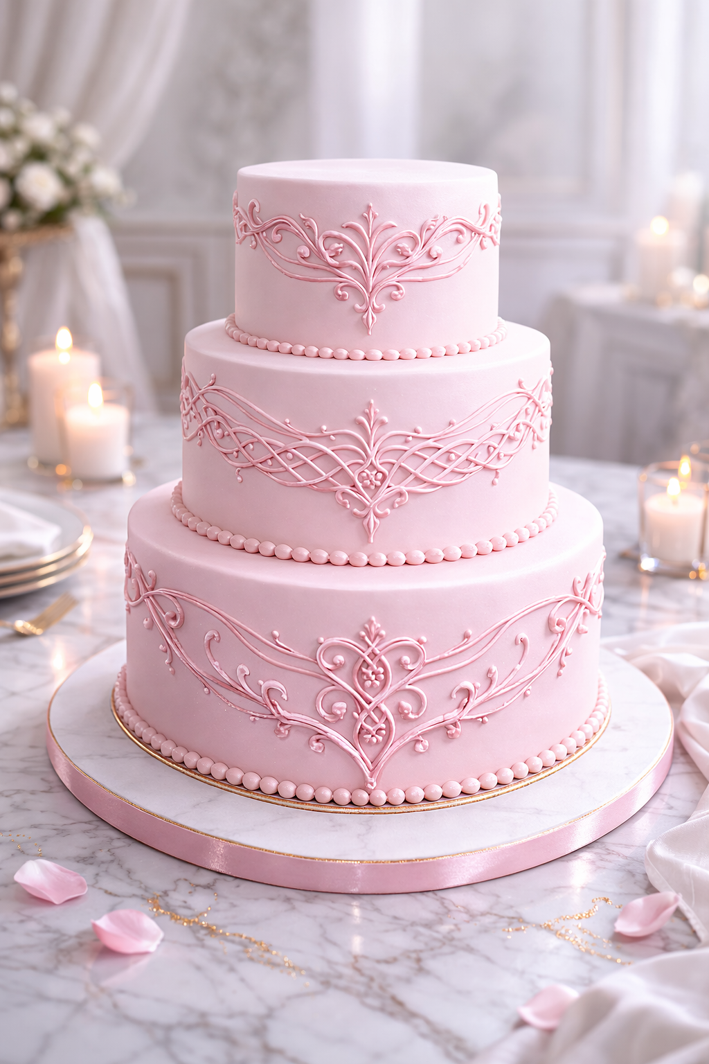 A three-tier pink wedding cake with intricate pink piping designs on each tier, placed on a marble table with rose petals and lit candles in the background.