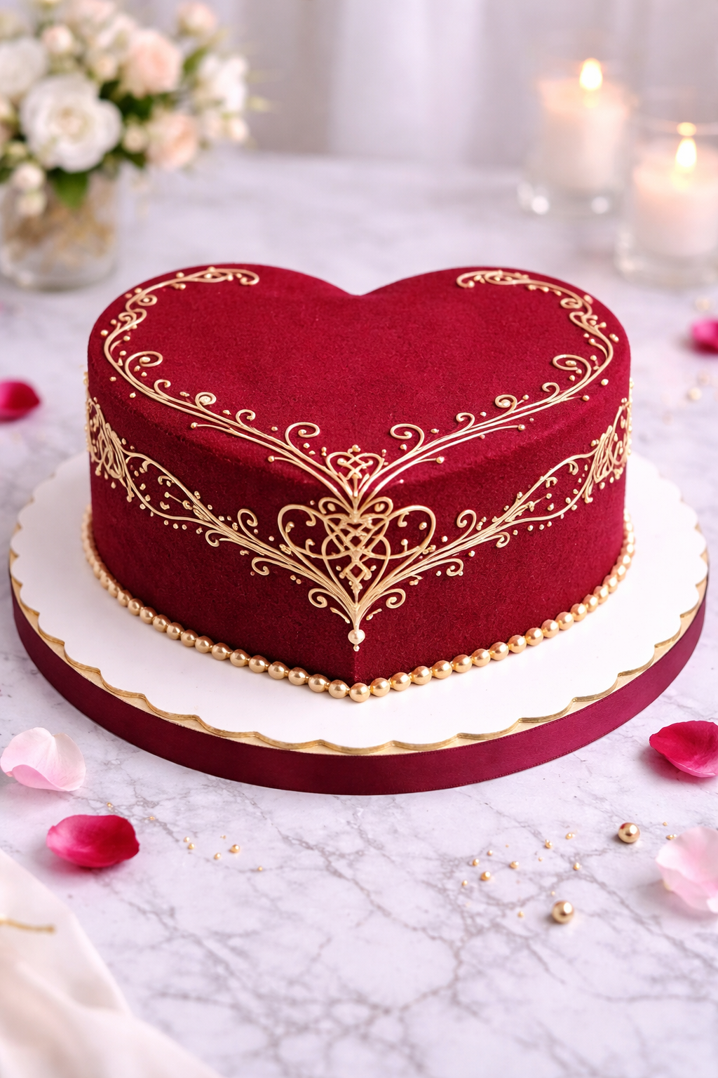 A heart-shaped cake decorated with red velvet and gold ornate piping, surrounded by pink and white rose petals and small gold beads, on a marble surface with a vase of white and pink flowers and lit candles in the background.