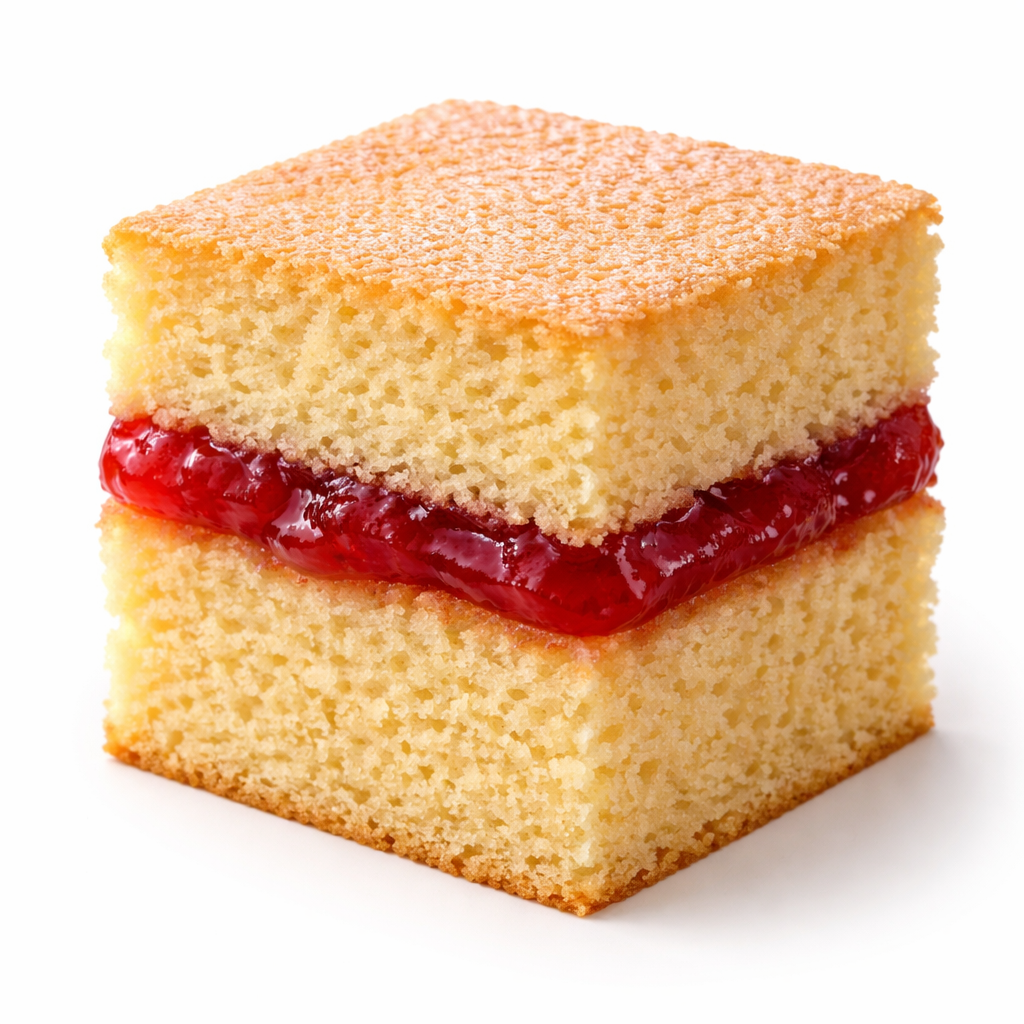 A square slice of vanilla sponge cake with cherry jam filling on a white background.