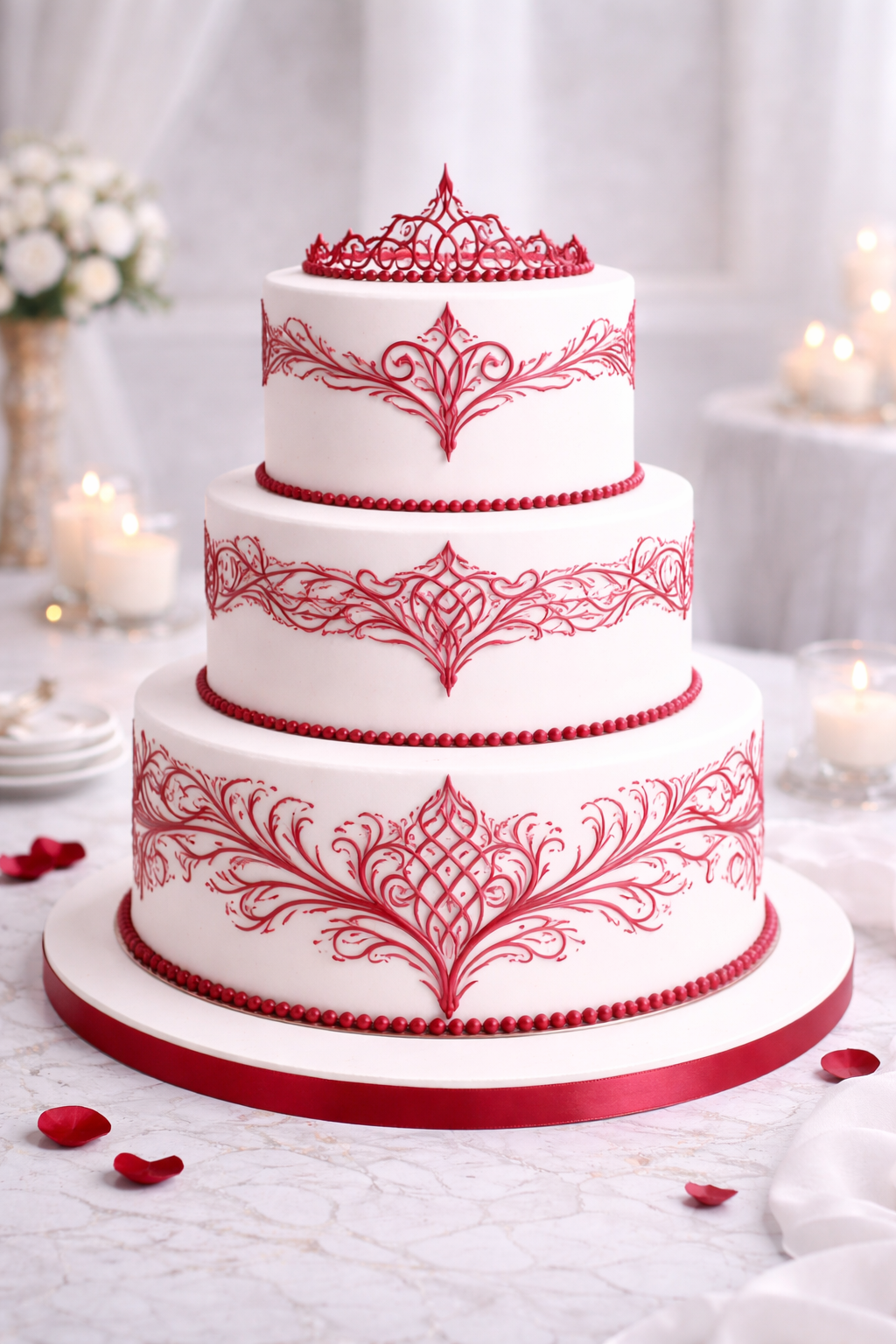 Three-tier wedding cake with white fondant and red ornate icing decorations, topped with a red decorative crown, on a white table with rose petals and candles in the background.