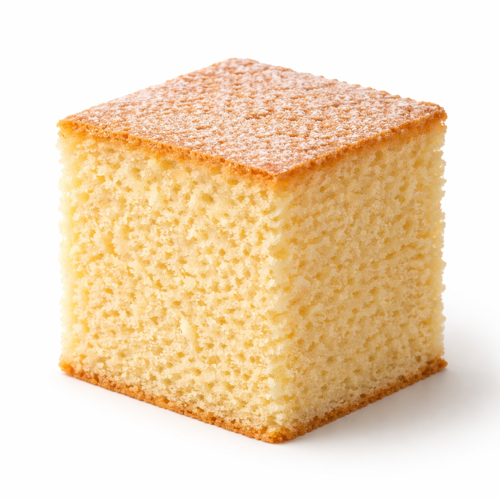 A close-up of a golden yellow sponge cake square with a slightly darker top, dusted with powdered sugar, against a white background.