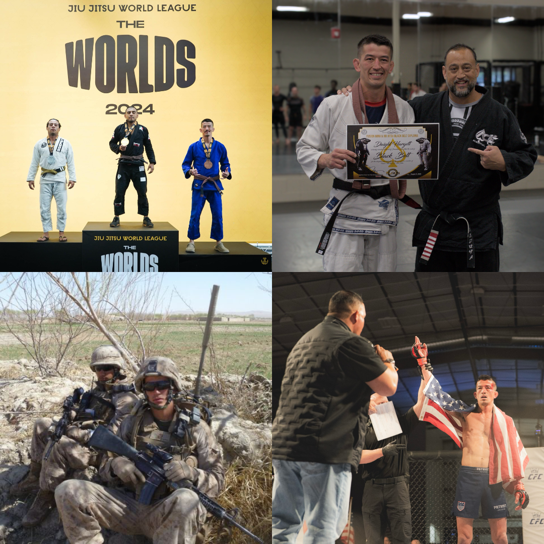 Top left: Jiu Jitsu athletes on winners' podium at the 2024 World League event. Top right: Two men, one in a white Jiu Jitsu gi, holding a diploma with another man in a black gi at a martial arts venue. Bottom left: Two soldiers in desert camouflage gear with rifles, sitting behind a bush in a dry landscape. Bottom right: An MMA fighter with a USA flag draped over his shoulders, talking to a man with a microphone in an indoor arena.