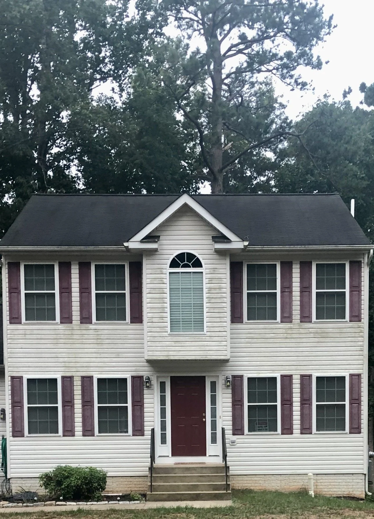 Two-story house with white siding, purple shutters, and a red front door, surrounded by green trees. Before being soft washed