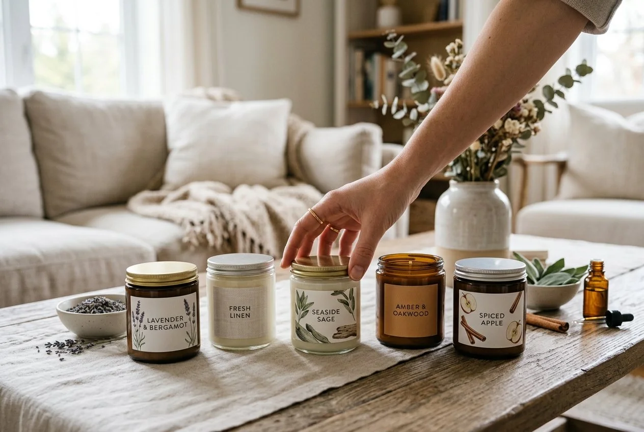 A selection of 5 different candles on a coffee table with someone's hand reaching for the middle one.