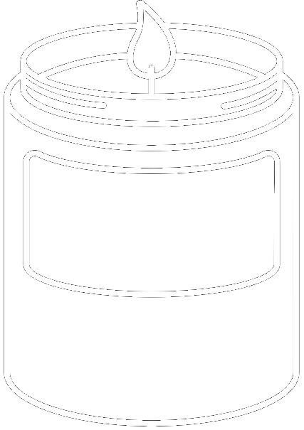 Outline of a lit candle in a container, with a single flame at the top.
