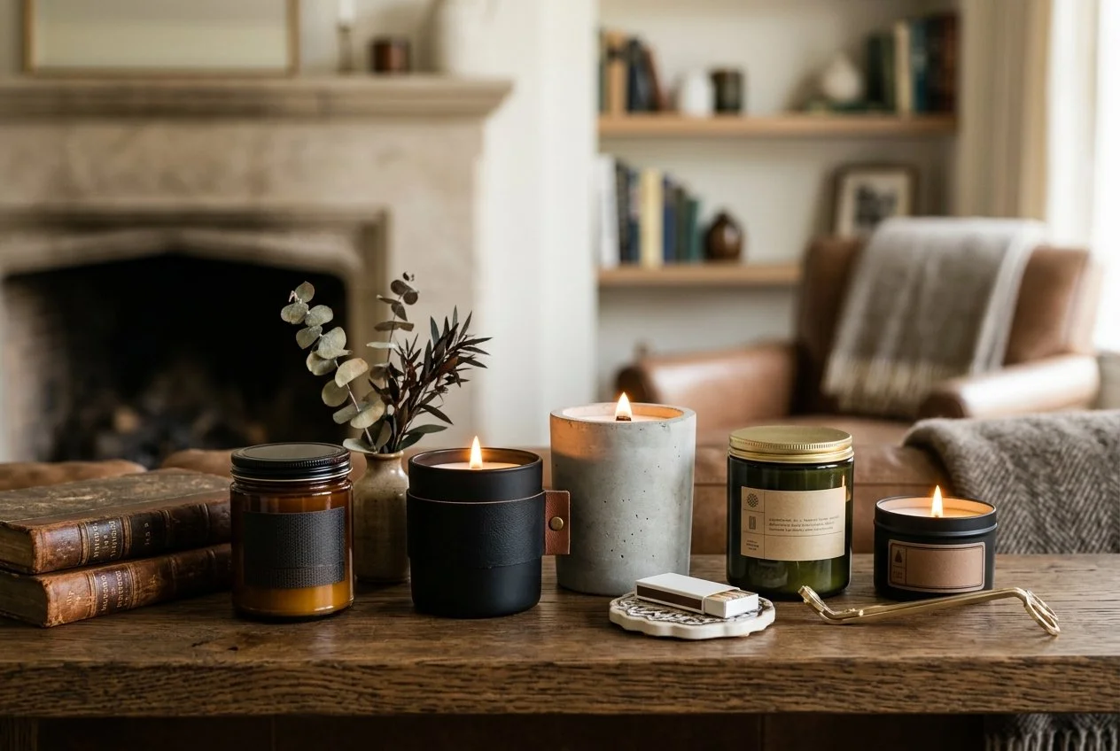 A selection of 5 candles on a coffee table with a couple of old books on the left and a wick trimmer on the right. 3 of the candles are lit, while the other 2 have lids on them. There is a fireplace, bookshelf, and leather chair in the background.